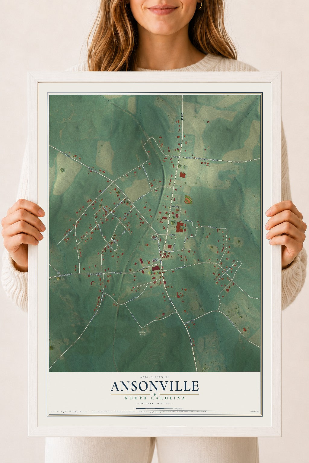 Map of Ansonville, North Carolina, 18 x 24 inch print in a white wood frame