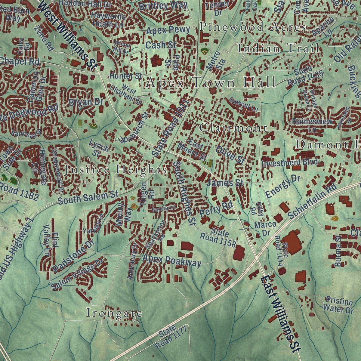 Close-up of the map of Apex, North Carolina print showing street and building detail