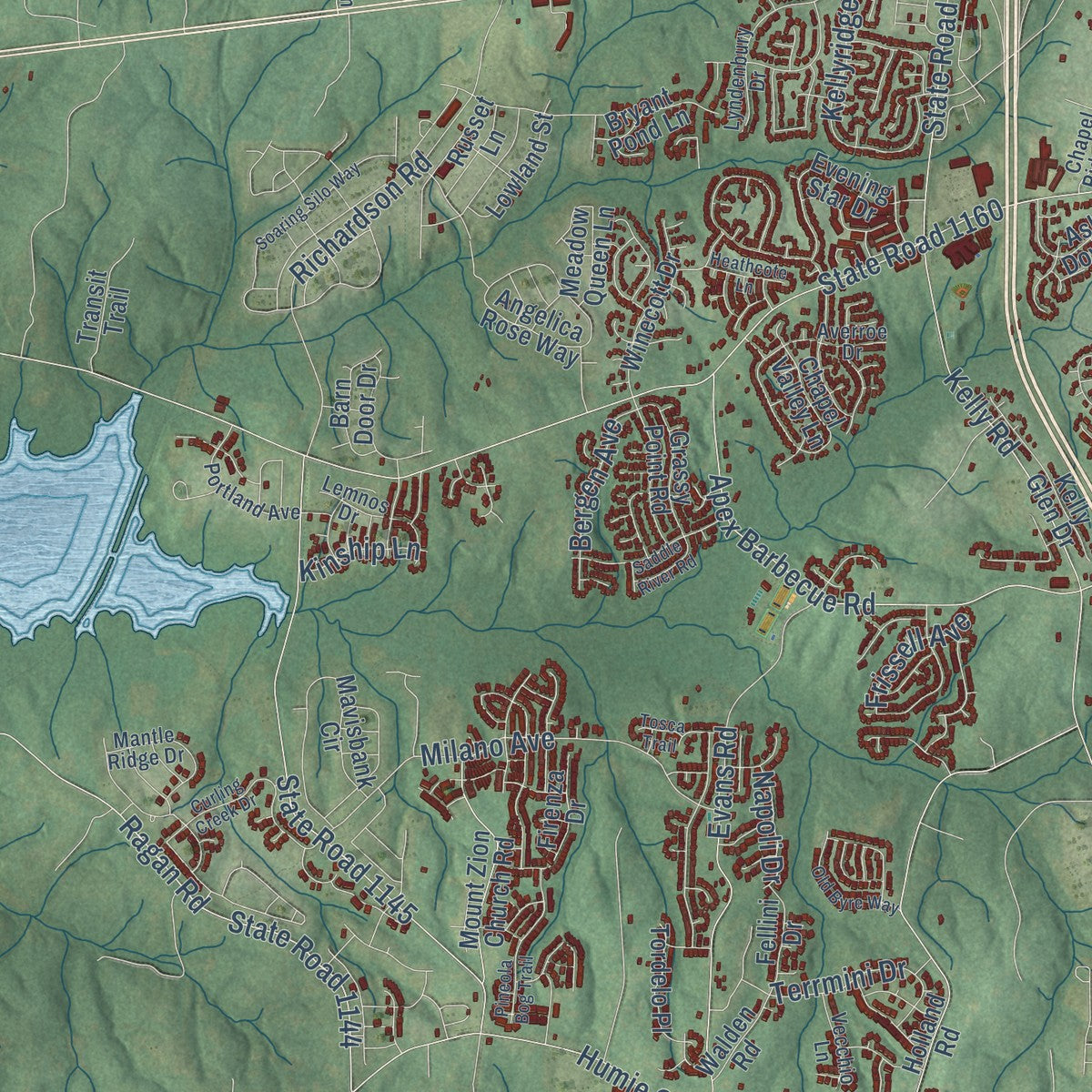 Second close-up of the map of Apex, North Carolina print showing more streets and buildings