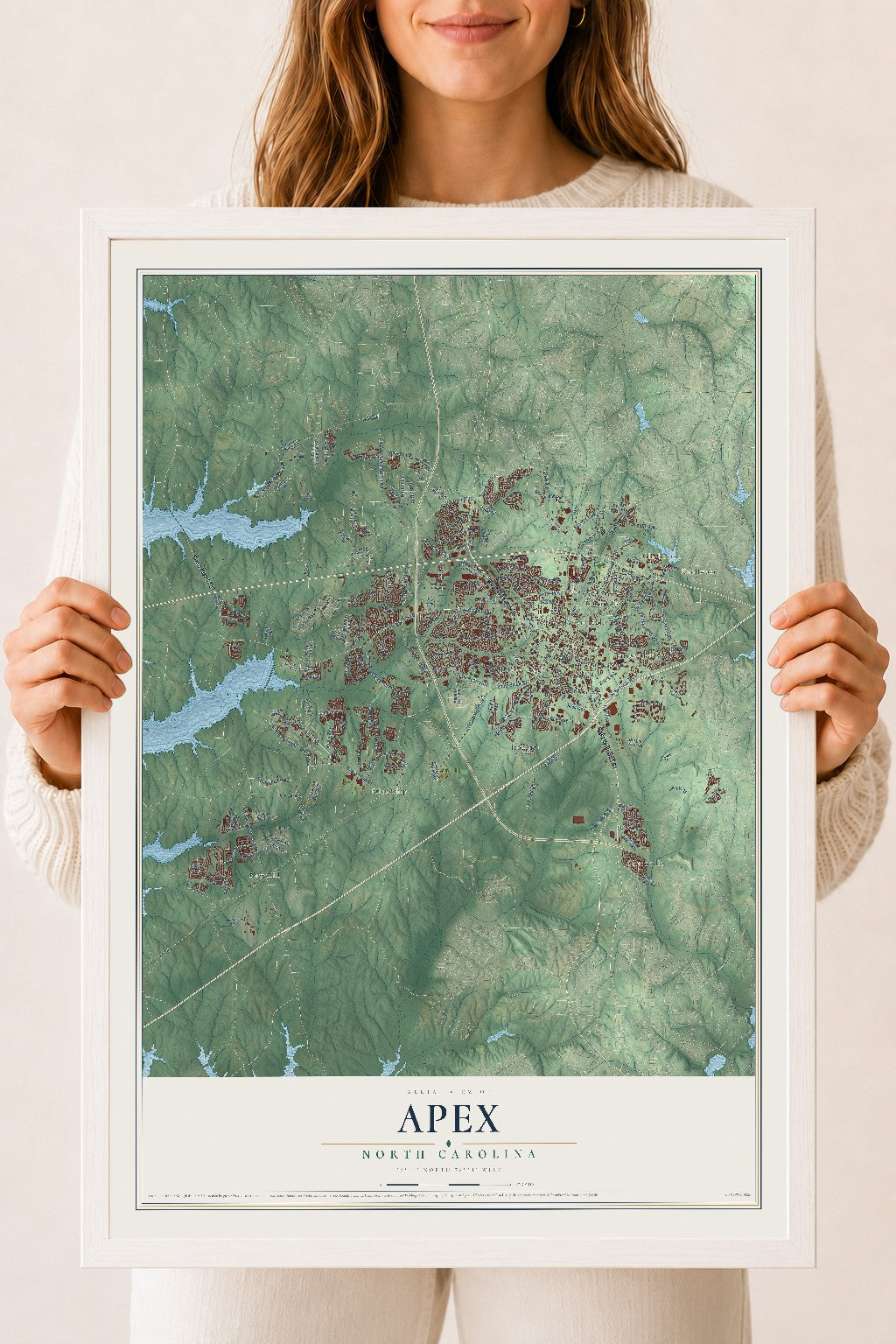 Map of Apex, North Carolina, 18 x 24 inch print in a white wood frame