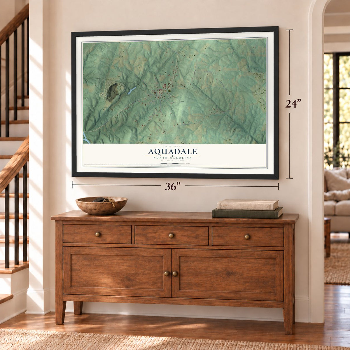 Aquadale, North Carolina map, 24 x 36 inch print in a black frame above a dresser by a staircase