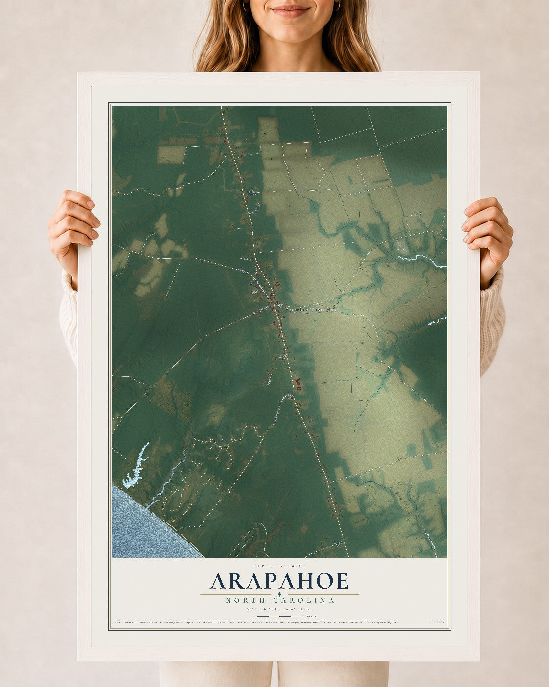 Map of Arapahoe, North Carolina, 24 x 36 inch print in a white wood frame