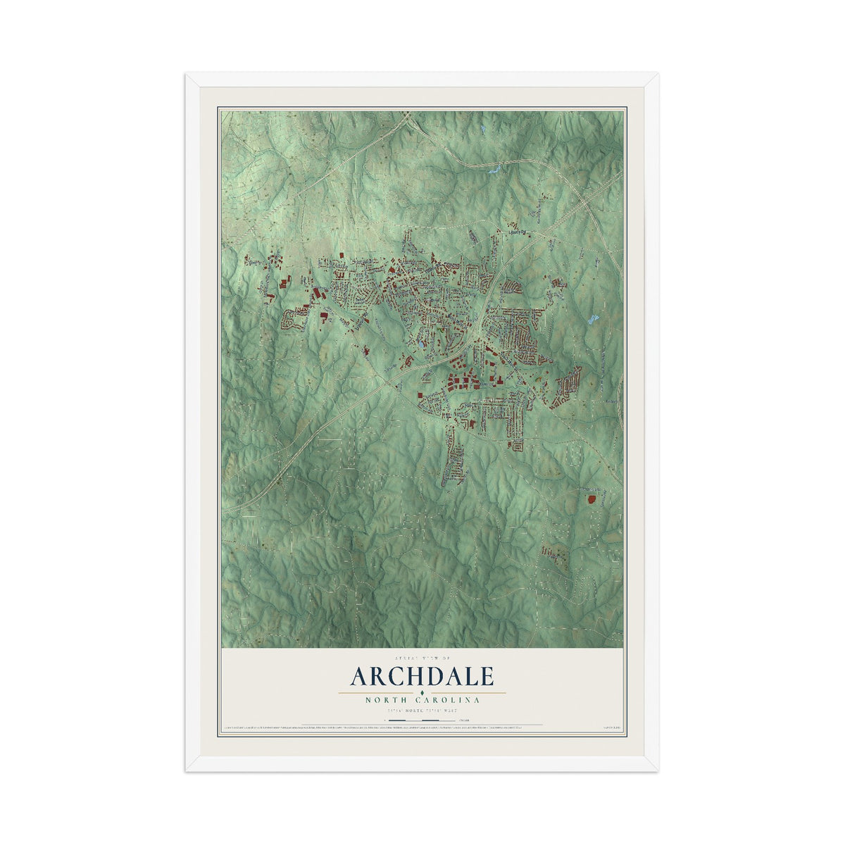 Map of Archdale, North Carolina, 12 x 18 inch print in a white wood frame