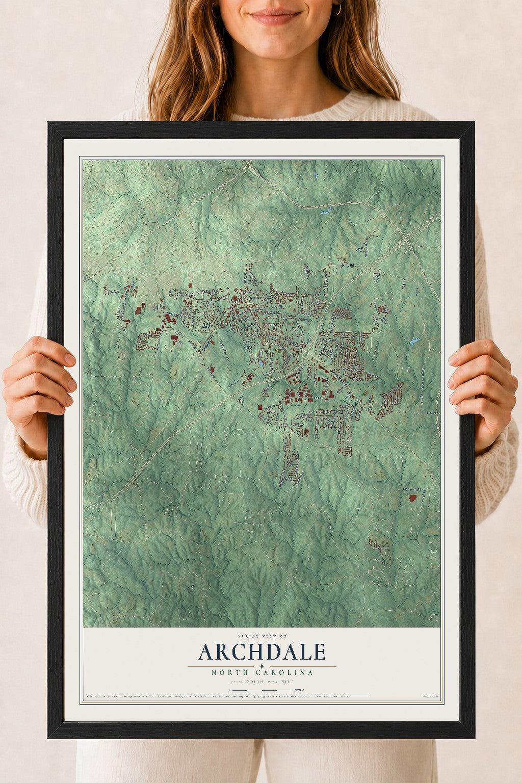 Map of Archdale, North Carolina, 18 x 24 inch print in a black wood frame