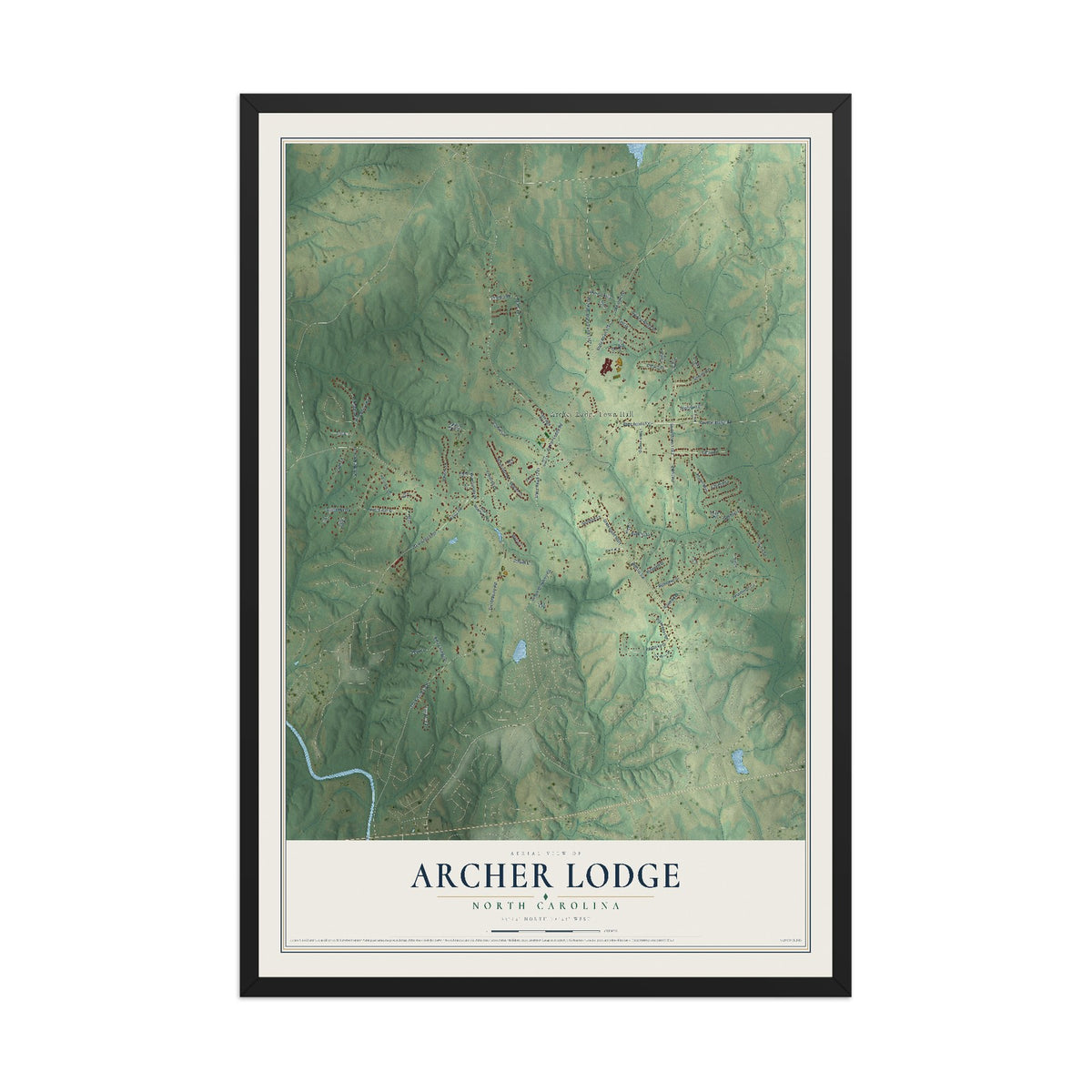 Map of Archer Lodge, North Carolina, 12 x 18 inch print in a black wood frame