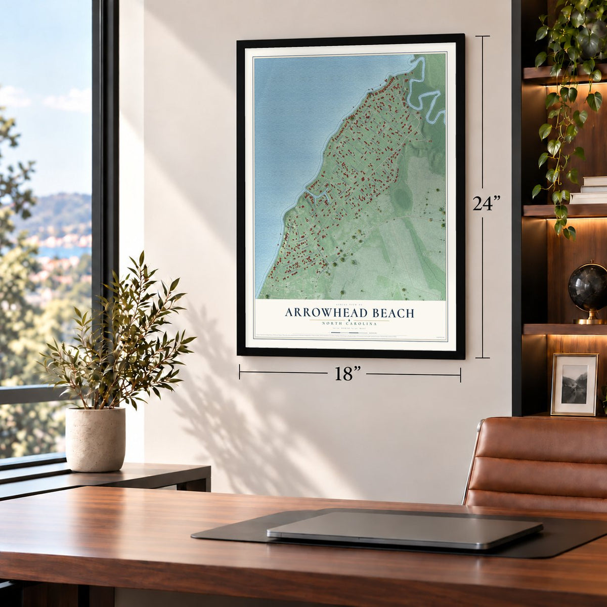 Arrowhead Beach, North Carolina map, 18 x 24 inch print in a black frame in a home office