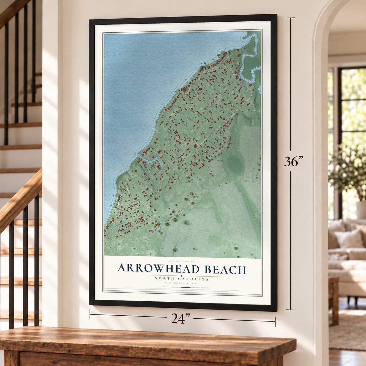 Arrowhead Beach, North Carolina map, 24 x 36 inch print in a black frame by a staircase