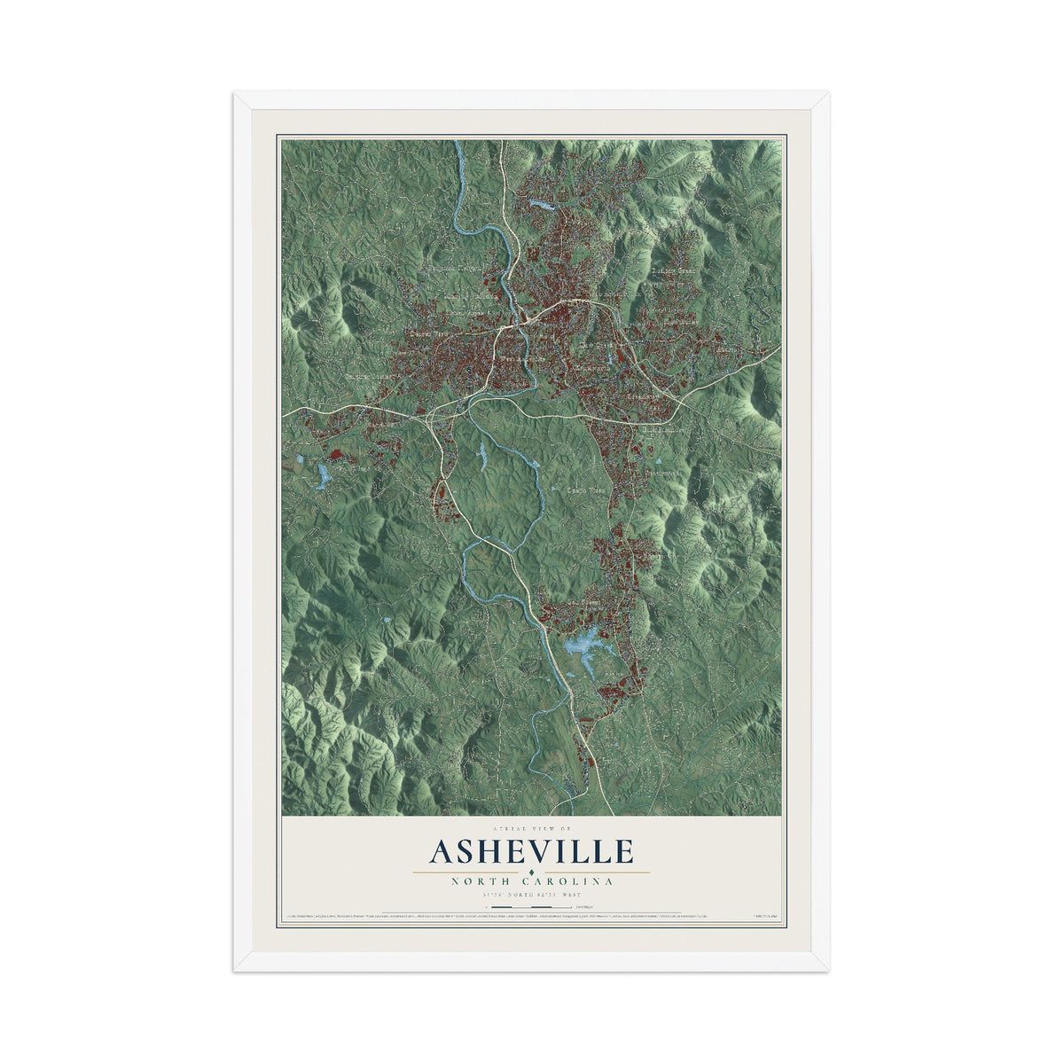 Map of Asheville, North Carolina, 12 x 18 inch print in a white wood frame