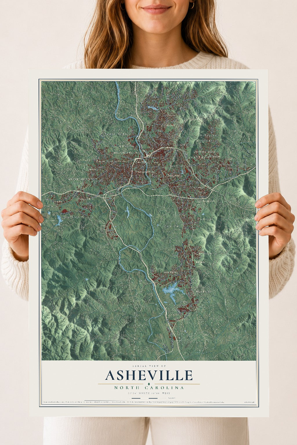 Map of Asheville, North Carolina, 18 x 24 inch unframed archival matte print