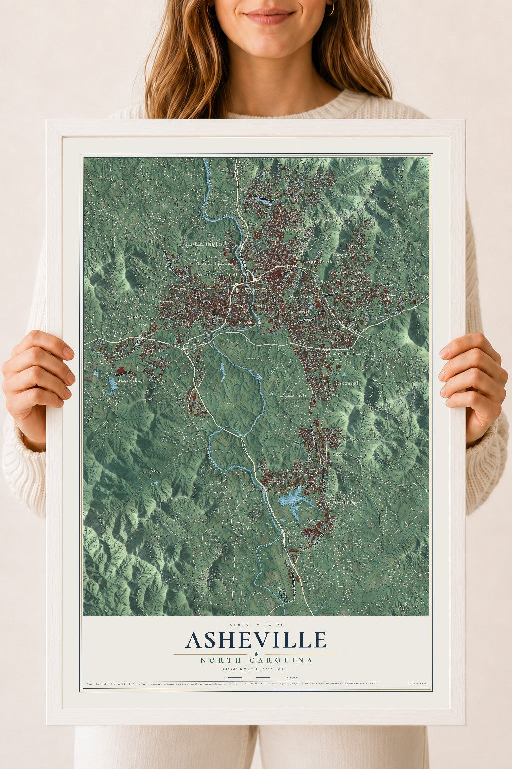 Map of Asheville, North Carolina, 18 x 24 inch print in a white wood frame