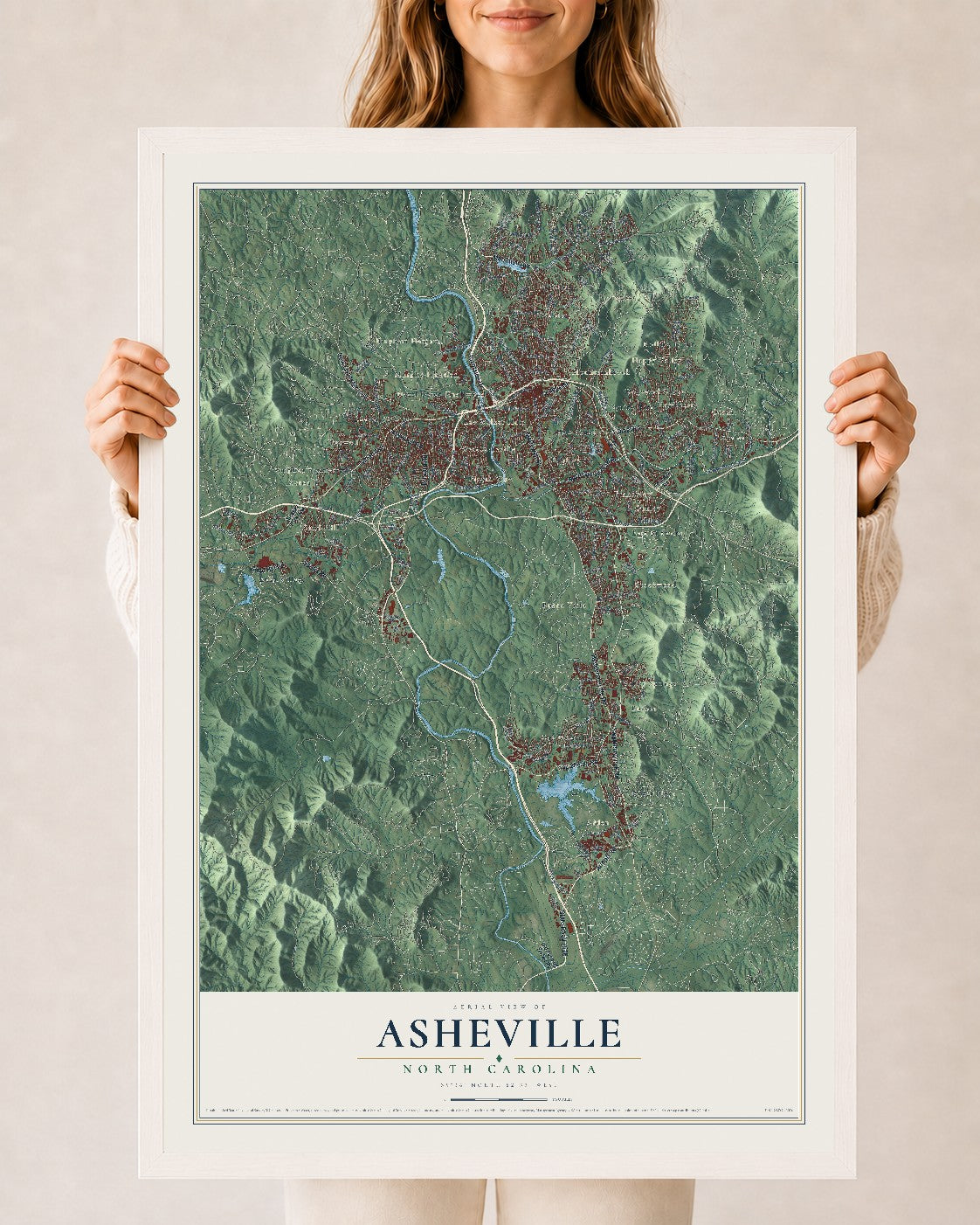 Map of Asheville, North Carolina, 24 x 36 inch print in a white wood frame