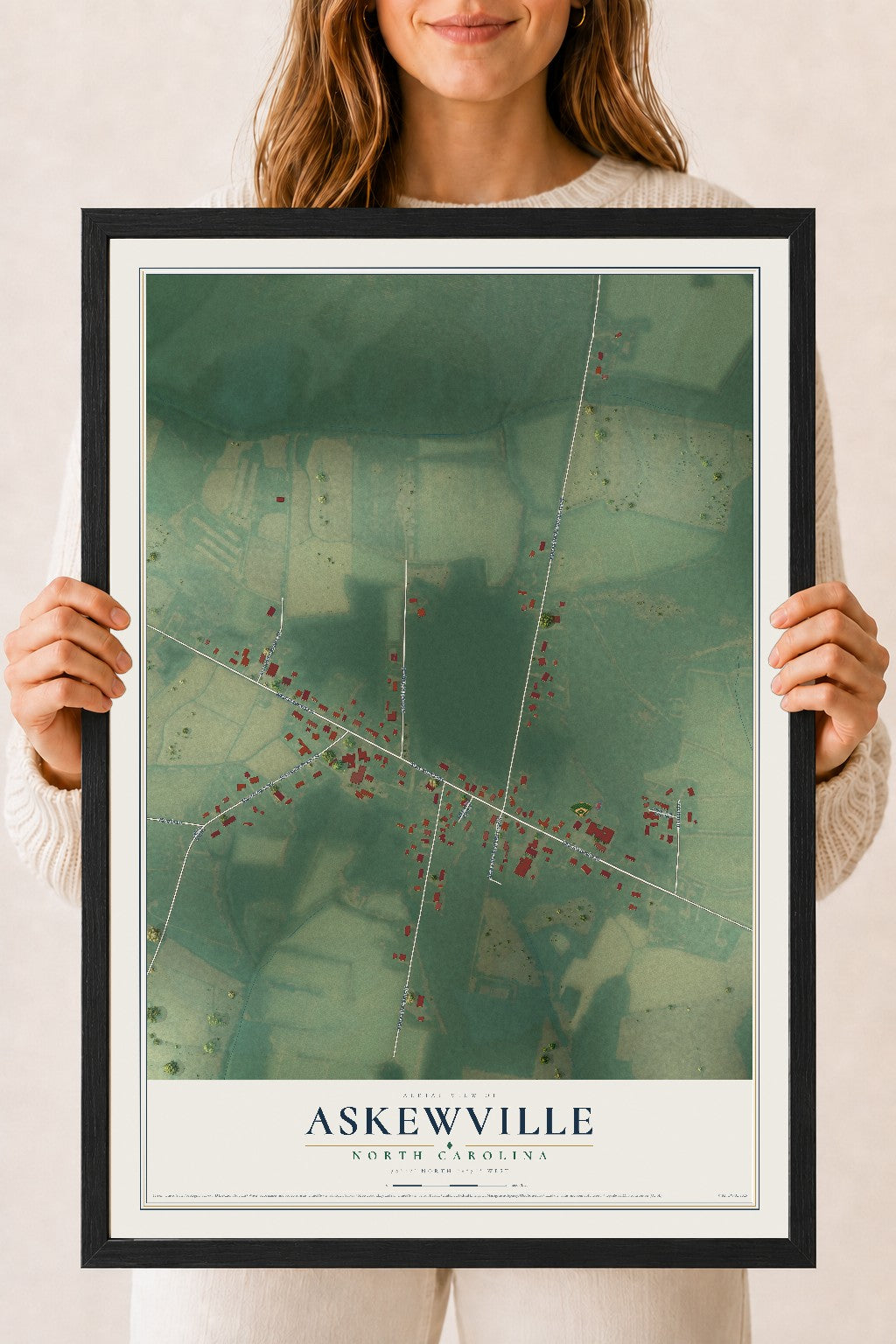 Map of Askewville, North Carolina, 18 x 24 inch print in a black wood frame