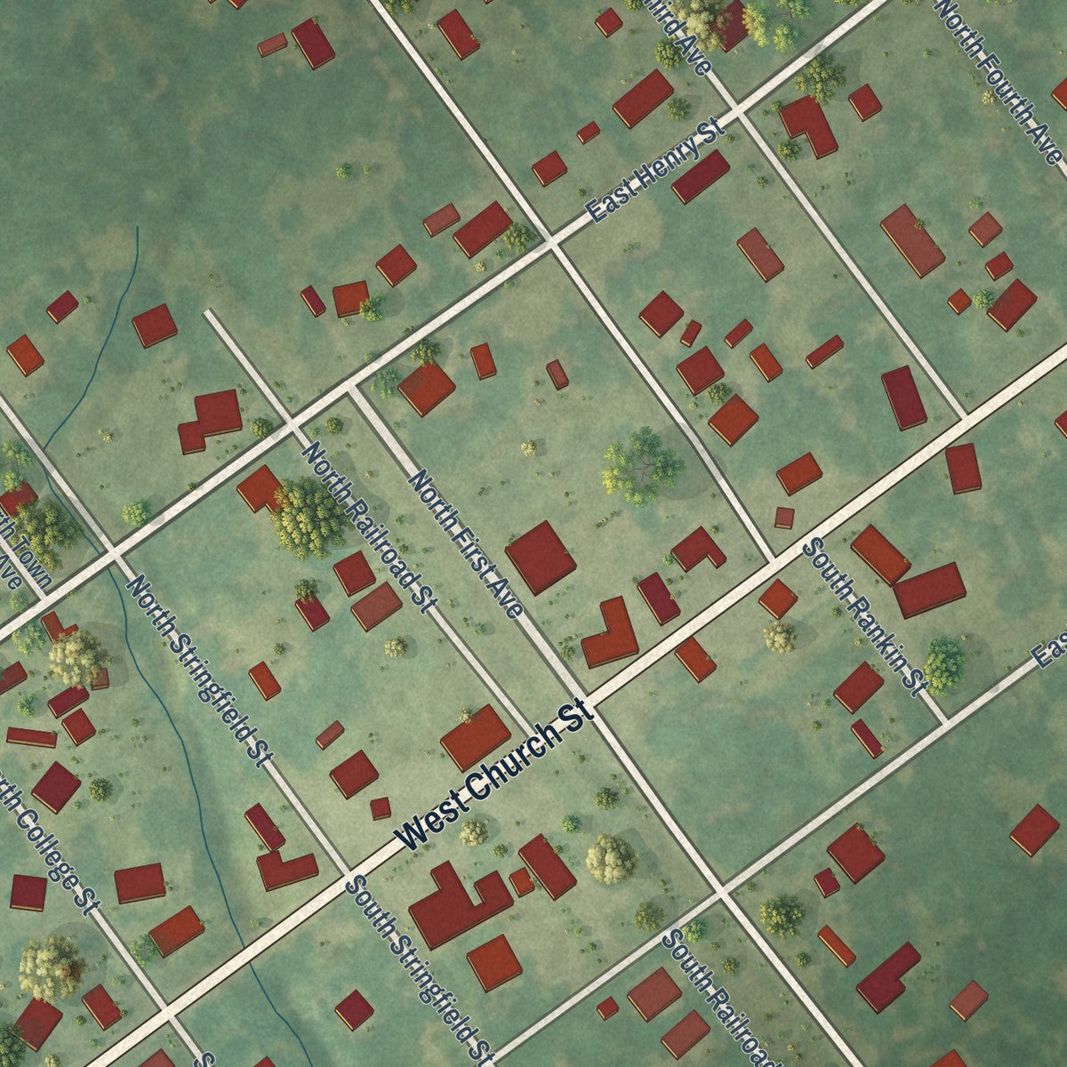 Close-up of the map of Atkinson, North Carolina print showing street and building detail