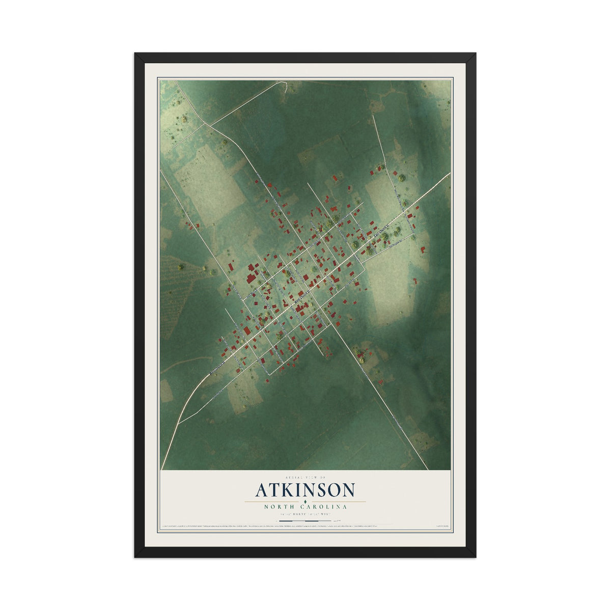 Map of Atkinson, North Carolina, 12 x 18 inch print in a black wood frame