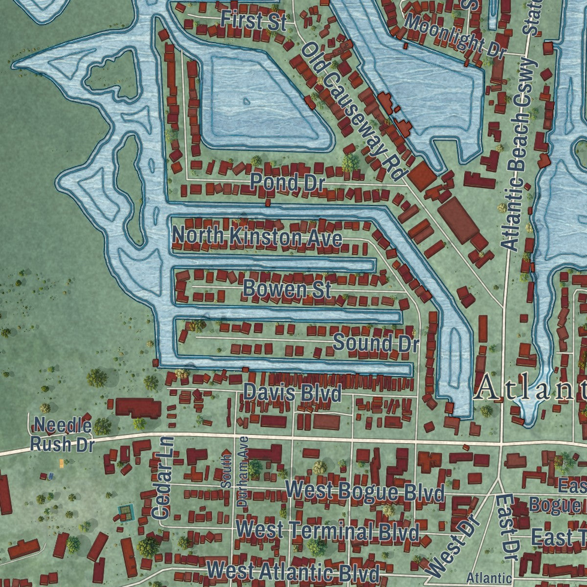 Close-up of the map of Atlantic Beach, North Carolina print showing street and building detail