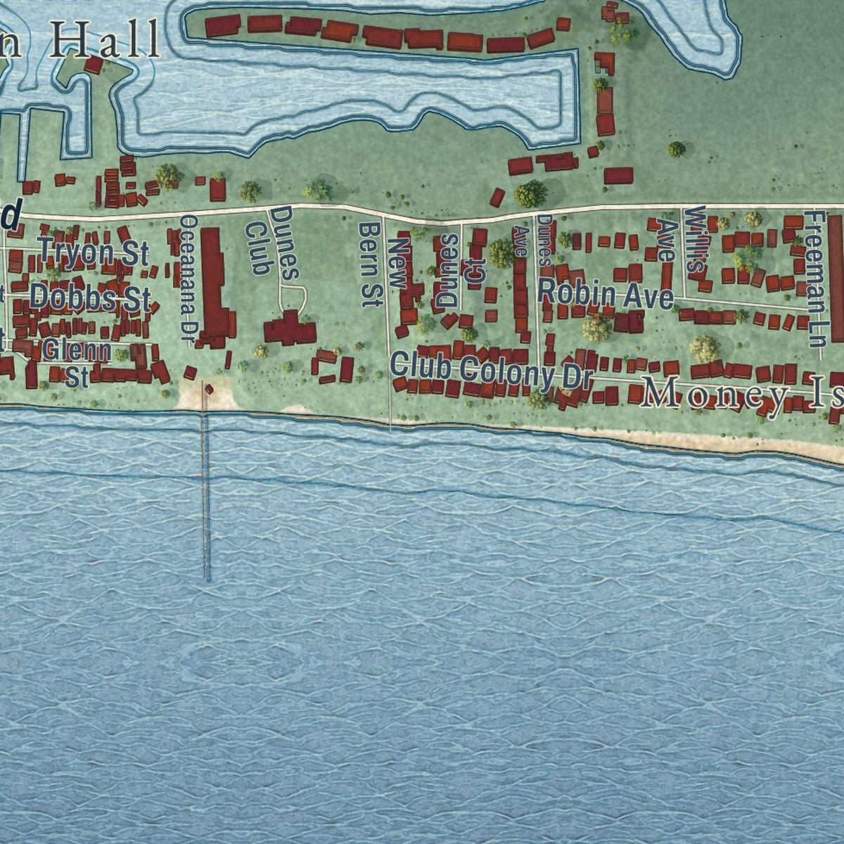 Second close-up of the map of Atlantic Beach, North Carolina print showing more streets and buildings