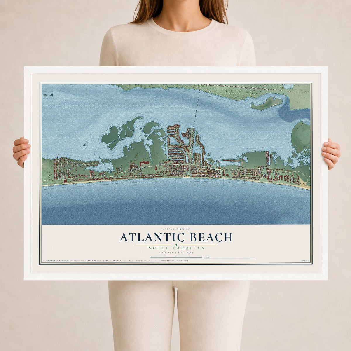 Map of Atlantic Beach, North Carolina, 24 x 36 inch print in a white wood frame