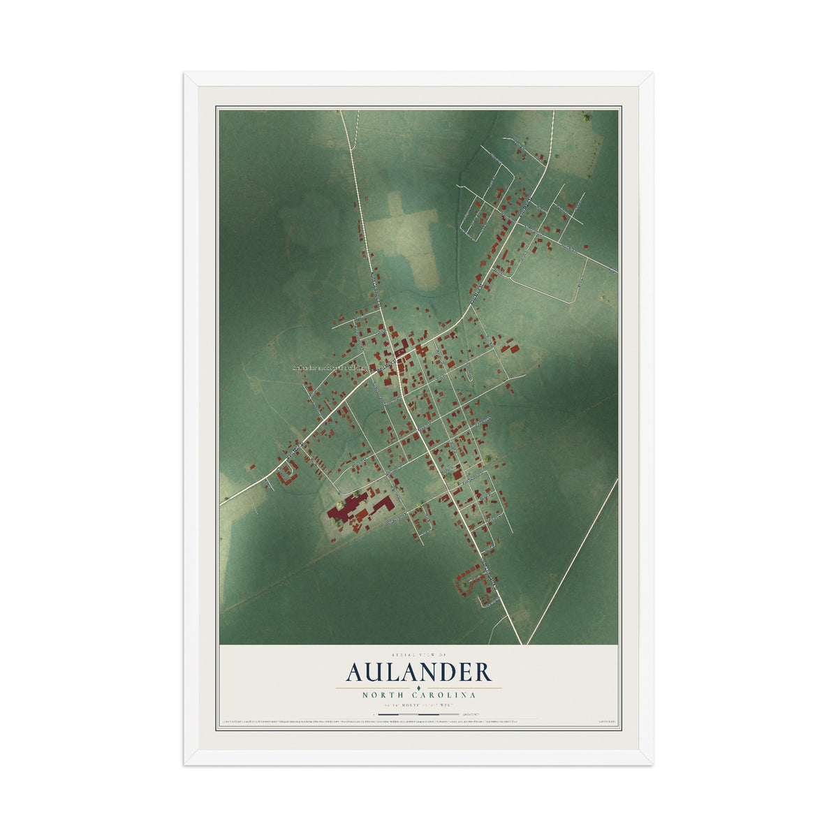 Map of Aulander, North Carolina, 12 x 18 inch print in a white wood frame