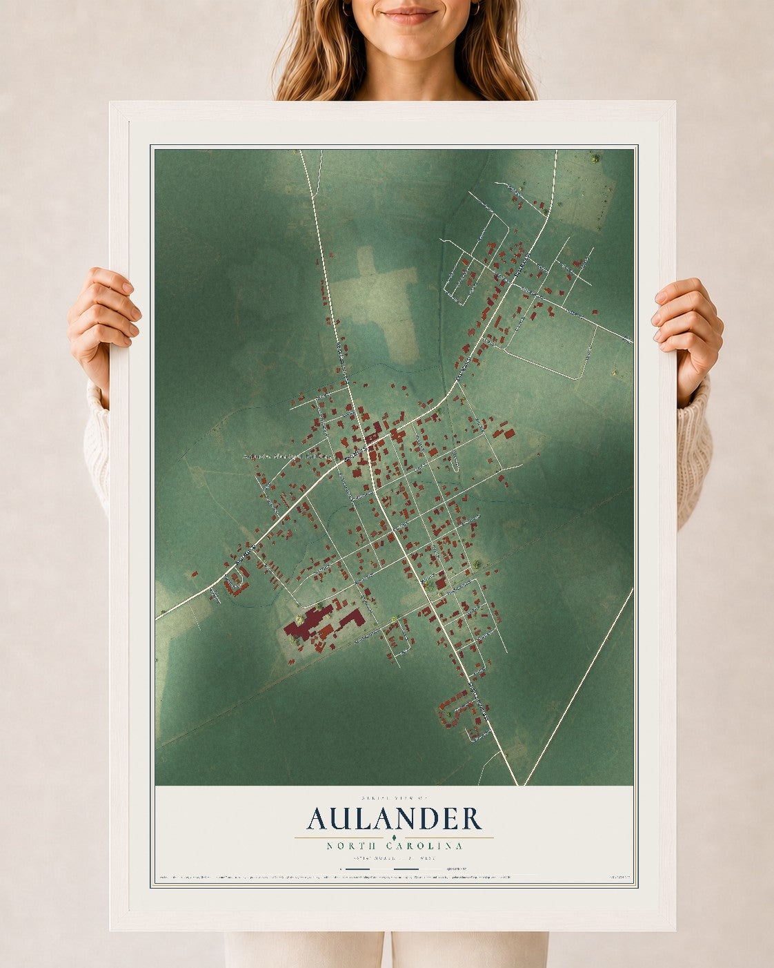 Map of Aulander, North Carolina, 24 x 36 inch print in a white wood frame