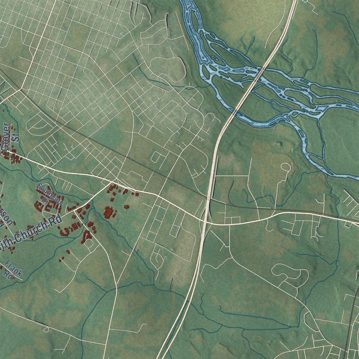 Close-up of the map of Aurelian Springs, North Carolina print showing street and building detail
