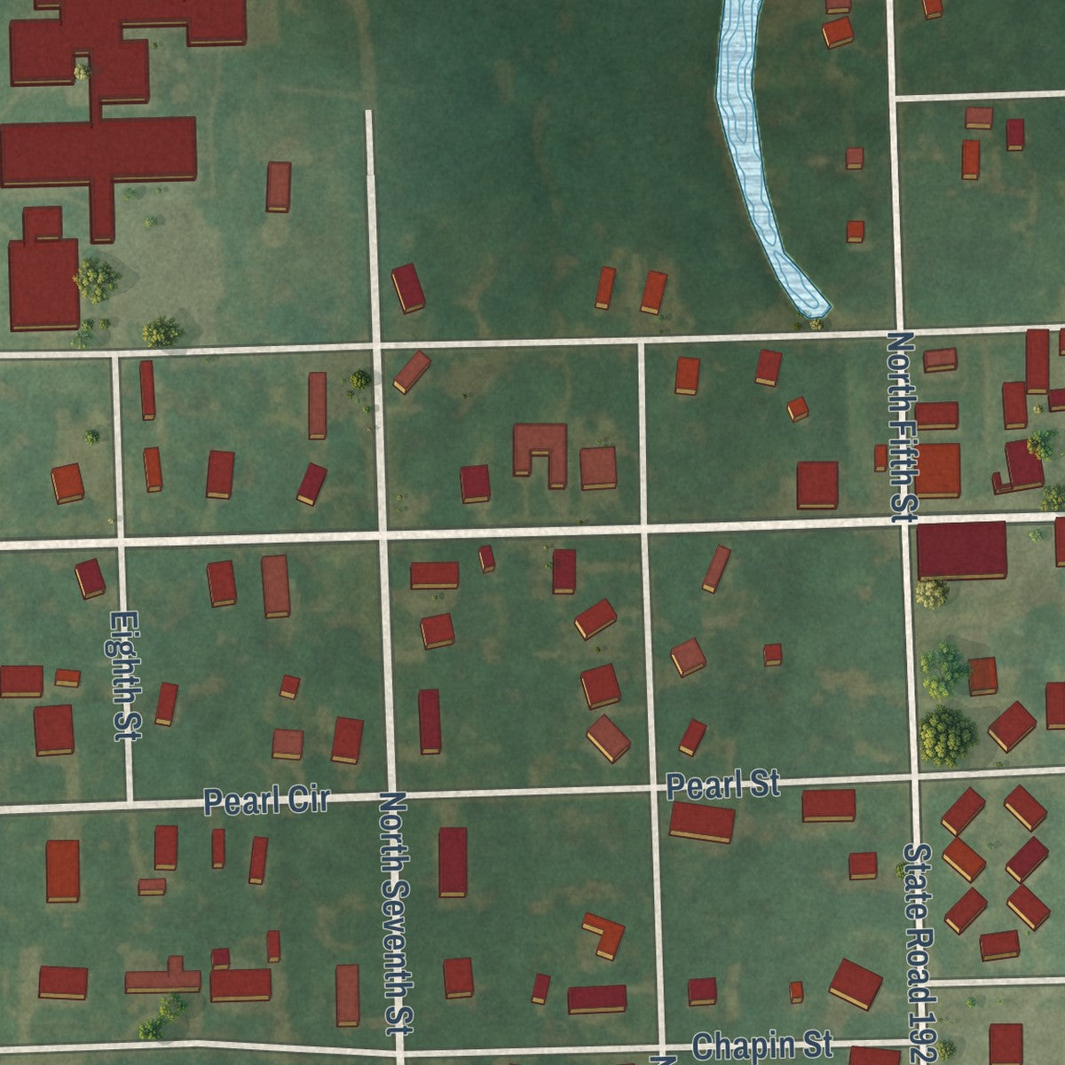 Second close-up of the map of Aurora, North Carolina print showing more streets and buildings