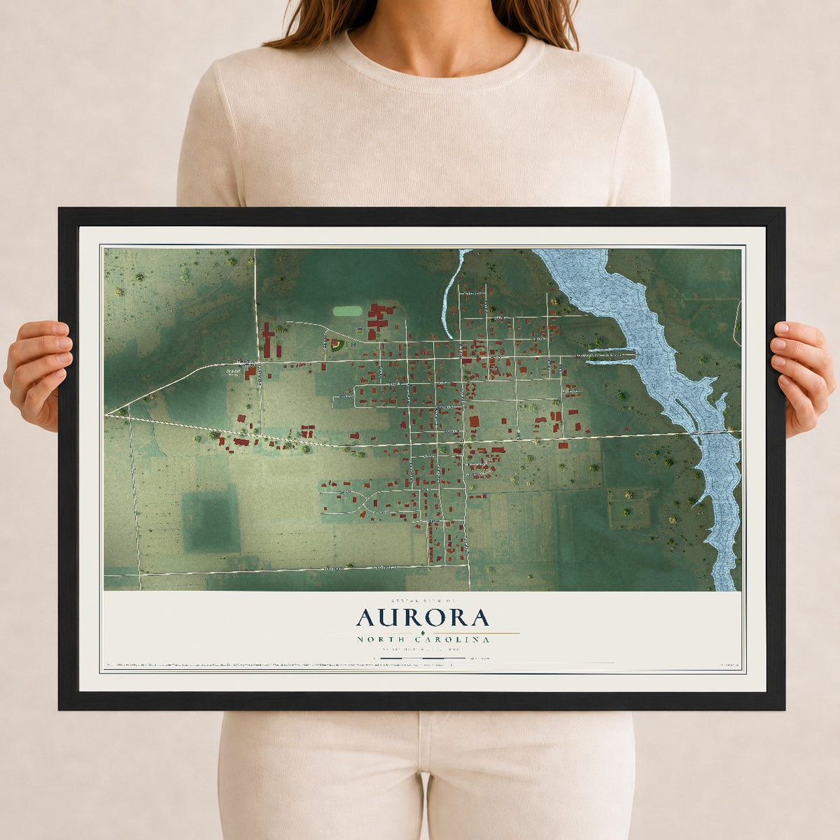 Map of Aurora, North Carolina, 12 x 18 inch print in a black wood frame