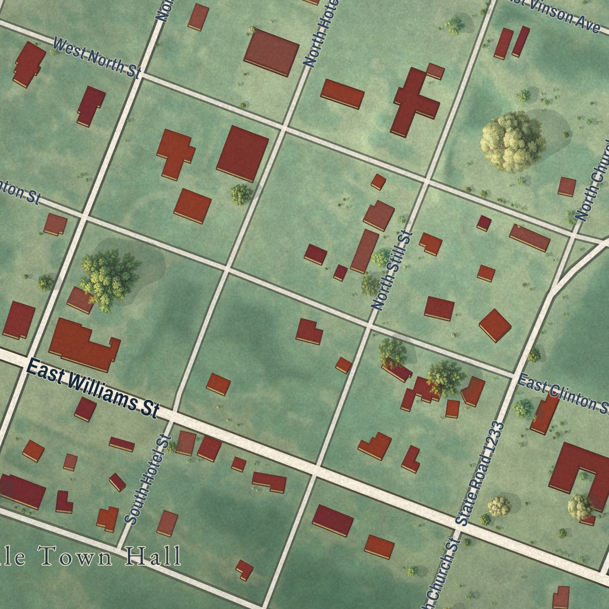 Close-up of the map of Autryville, North Carolina print showing street and building detail