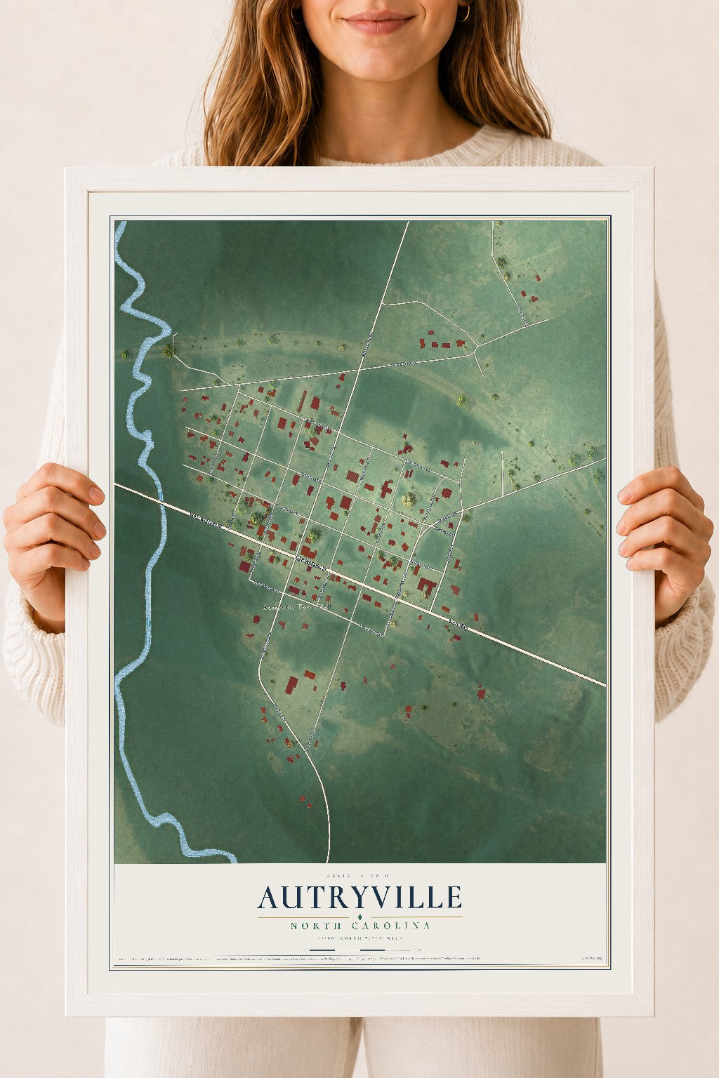 Map of Autryville, North Carolina, 18 x 24 inch print in a white wood frame