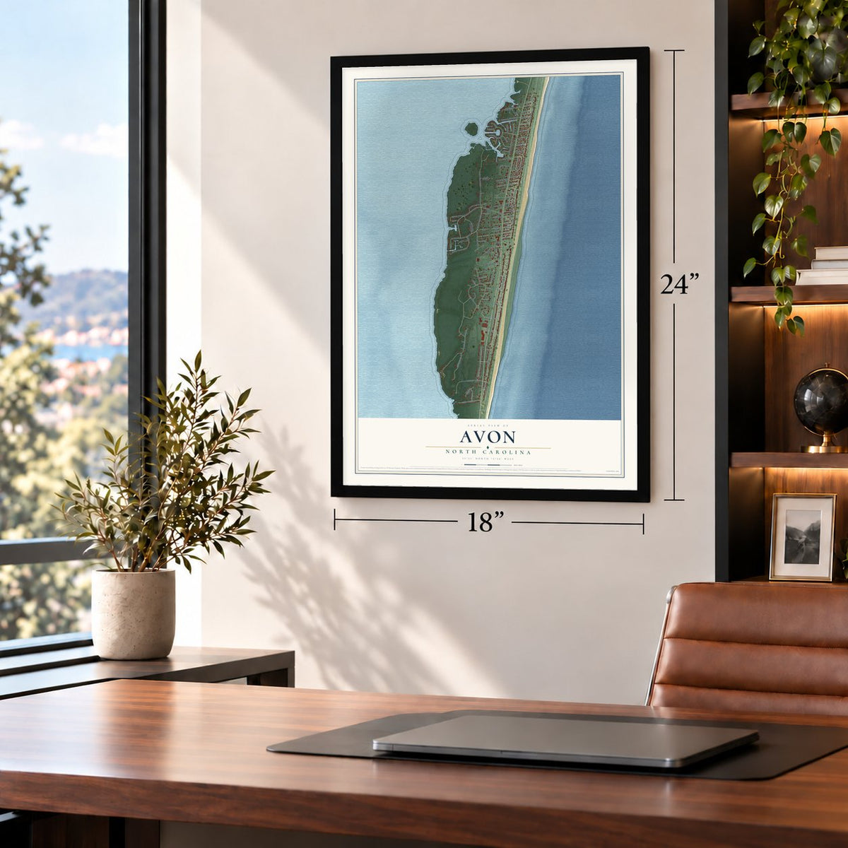Avon, North Carolina map, 18 x 24 inch print in a black frame in a home office