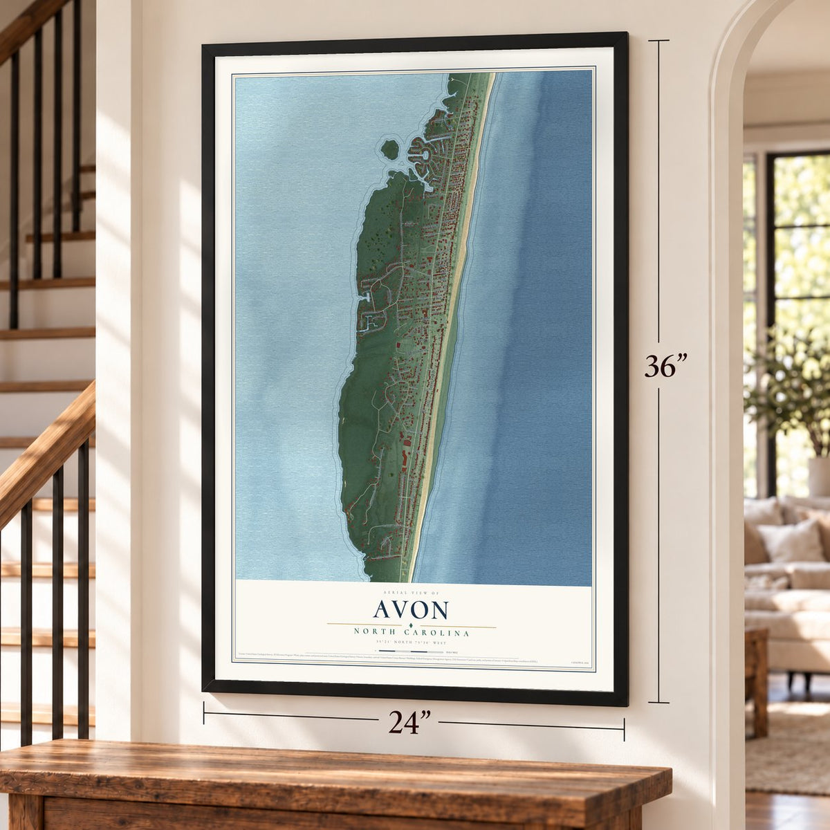 Avon, North Carolina map, 24 x 36 inch print in a black frame by a staircase