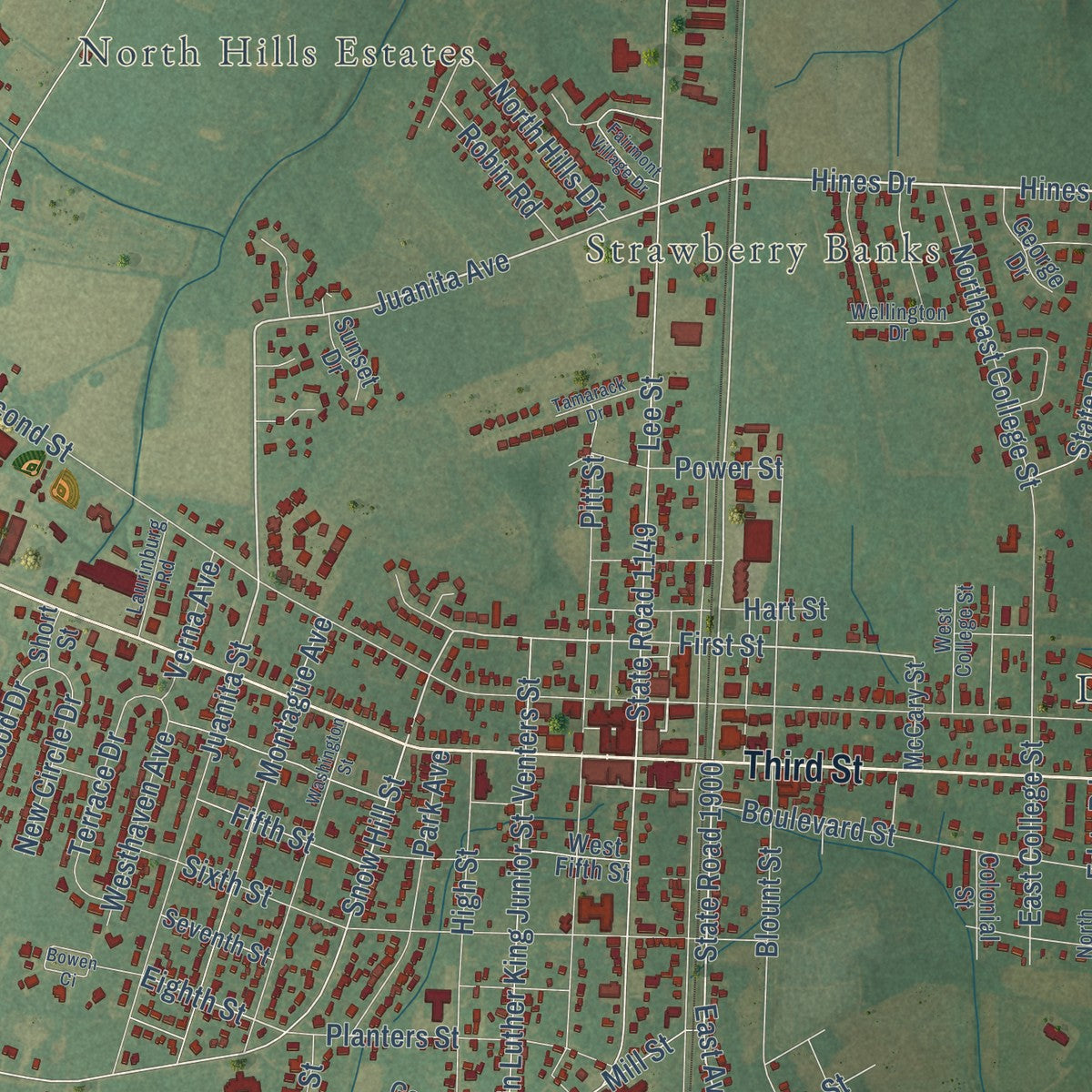 Close-up of the map of Ayden, North Carolina print showing street and building detail