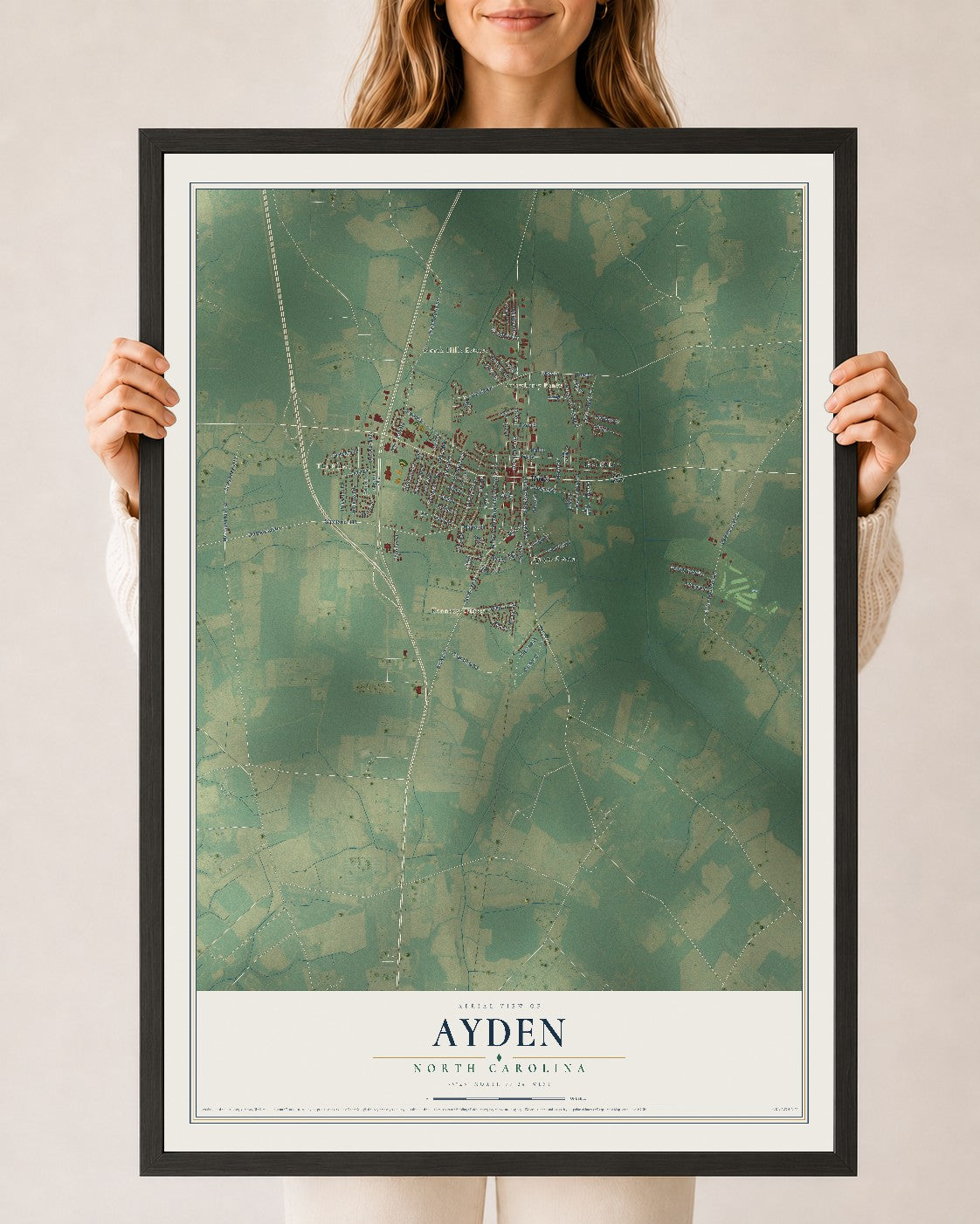 Map of Ayden, North Carolina, 24 x 36 inch print in a black wood frame