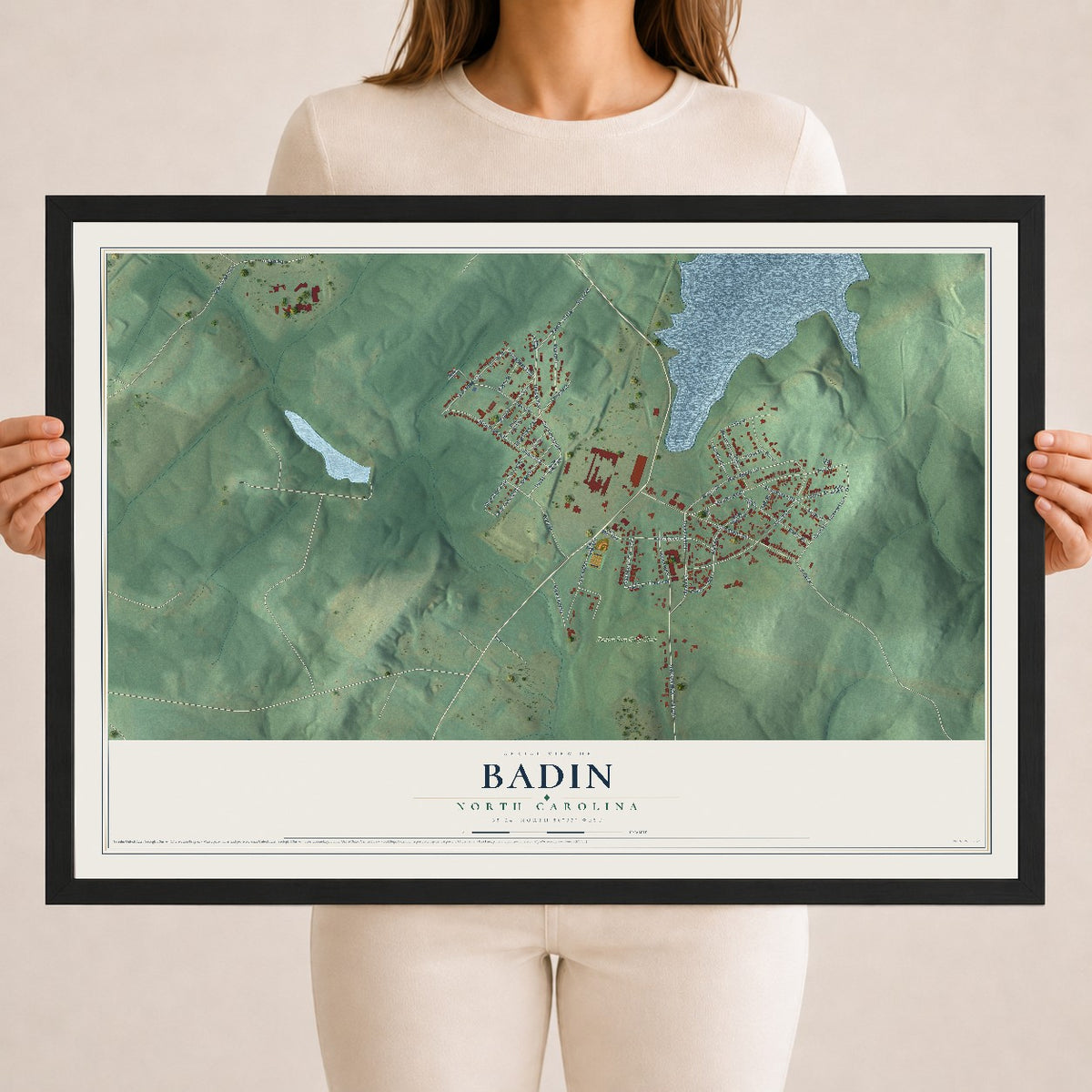 Map of Badin, North Carolina, 18 x 24 inch print in a black wood frame