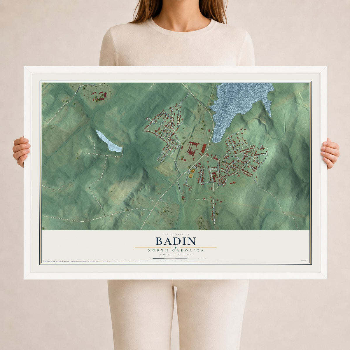 Map of Badin, North Carolina, 24 x 36 inch print in a white wood frame