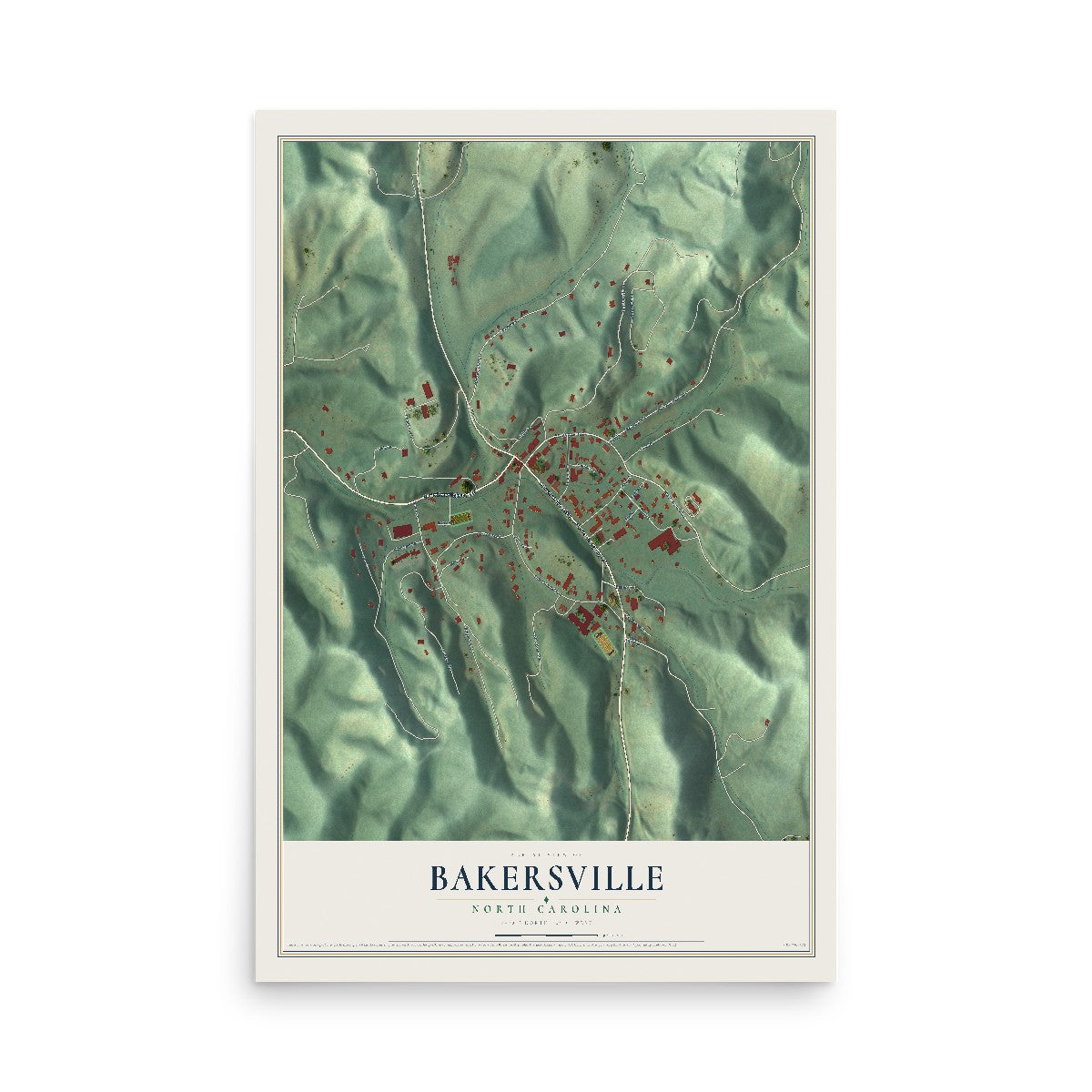 Map of Bakersville, North Carolina, 12 x 18 inch unframed archival matte print