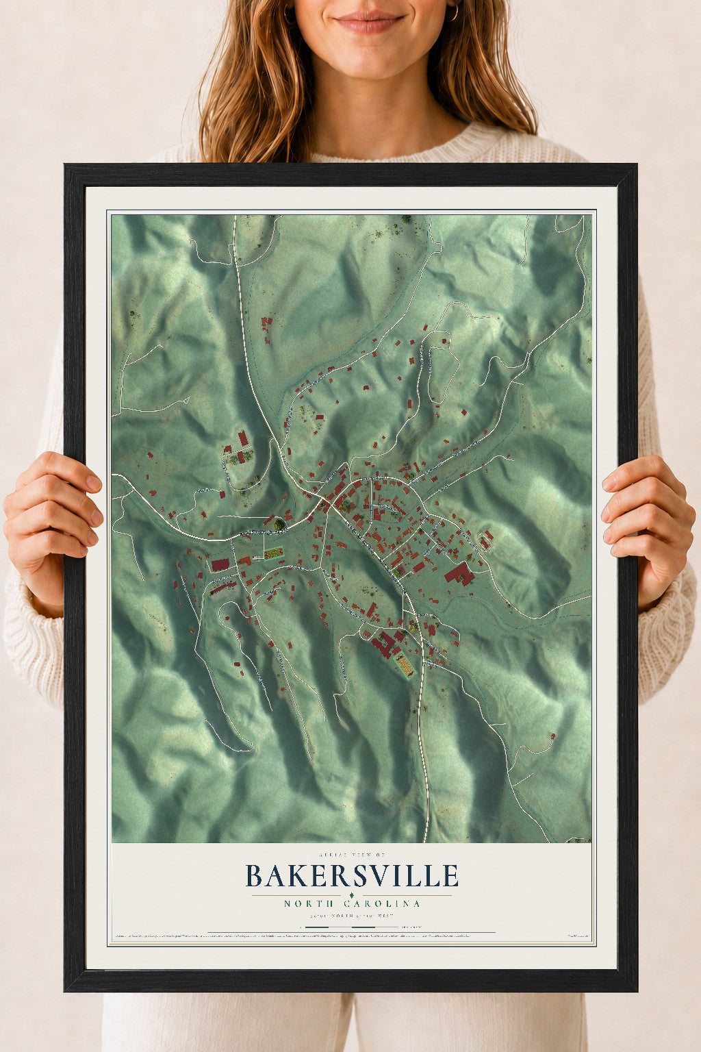 Map of Bakersville, North Carolina, 18 x 24 inch print in a black wood frame