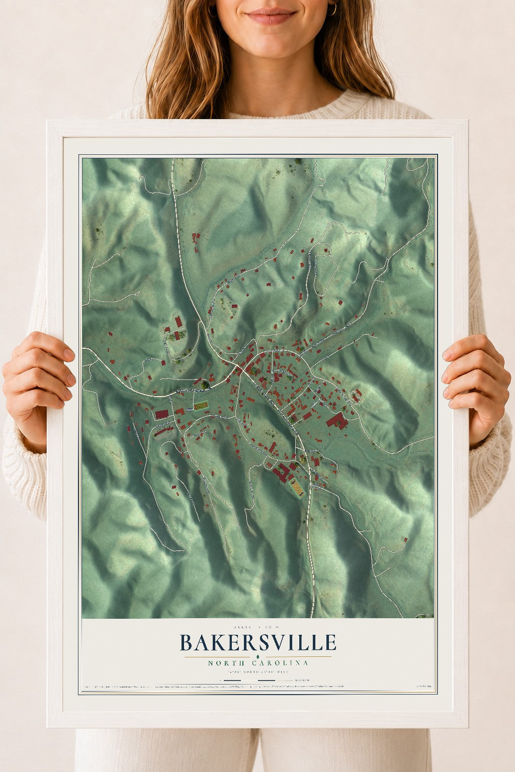 Map of Bakersville, North Carolina, 18 x 24 inch print in a white wood frame