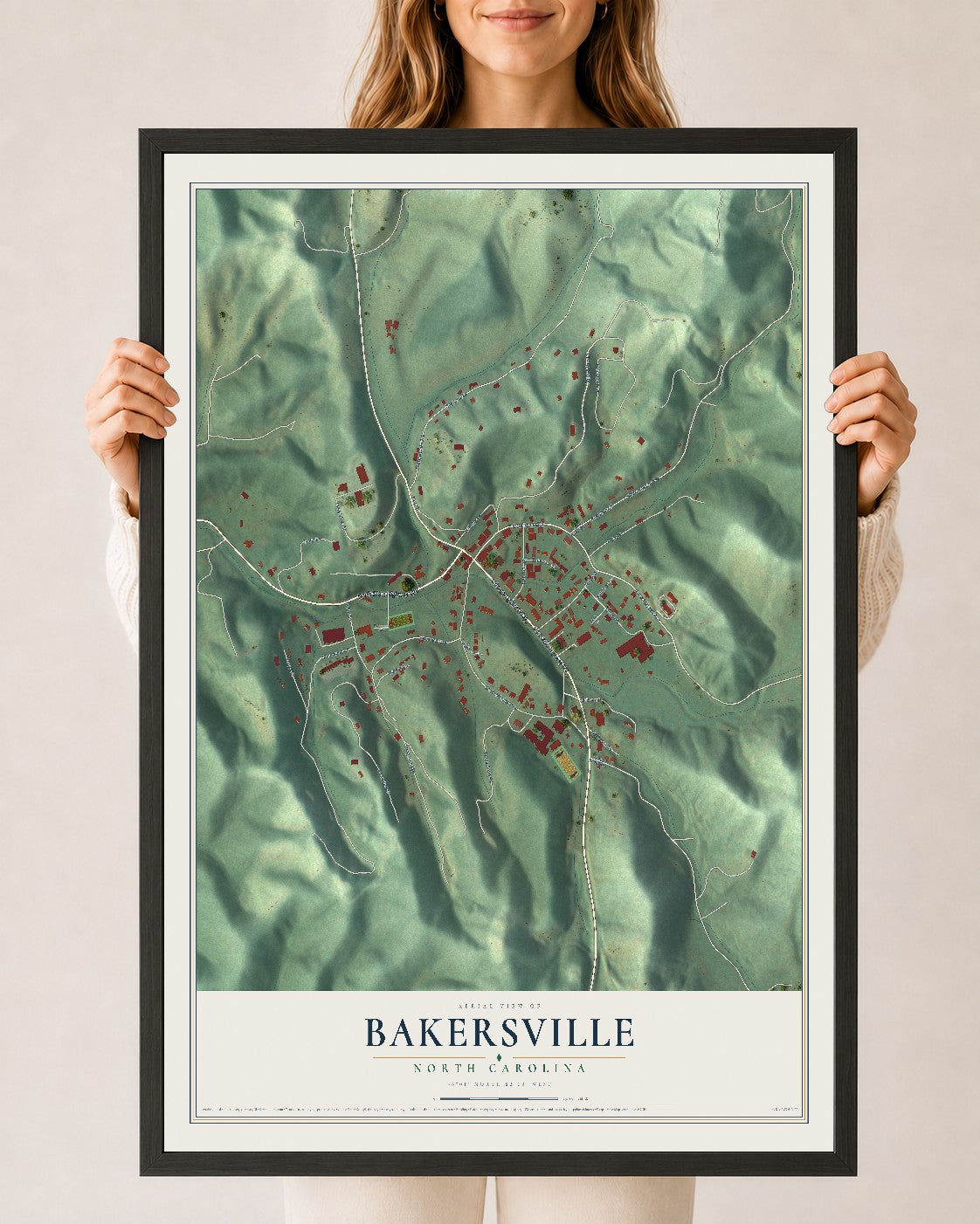 Map of Bakersville, North Carolina, 24 x 36 inch print in a black wood frame