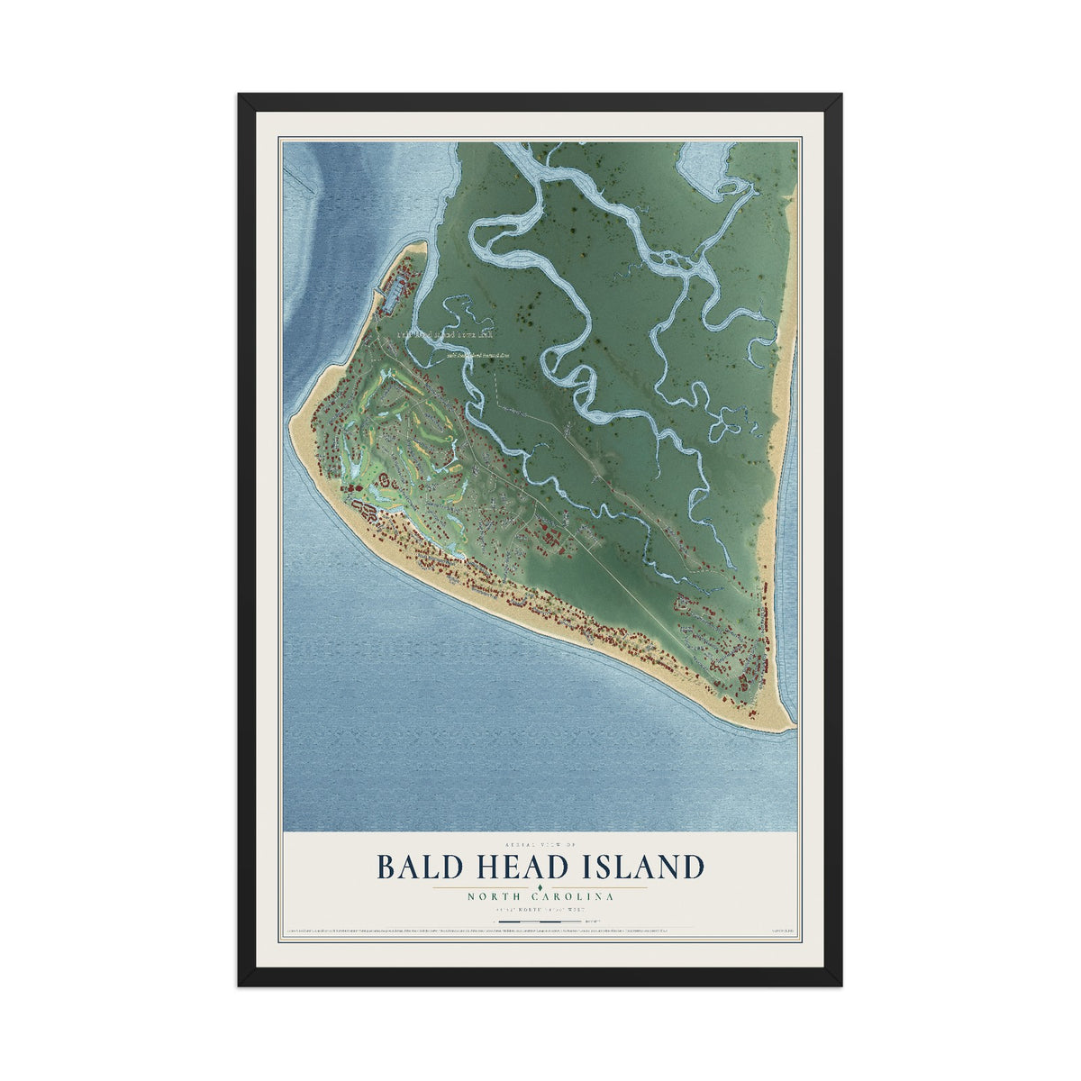 Map of Bald Head Island, North Carolina, 12 x 18 inch print in a black wood frame