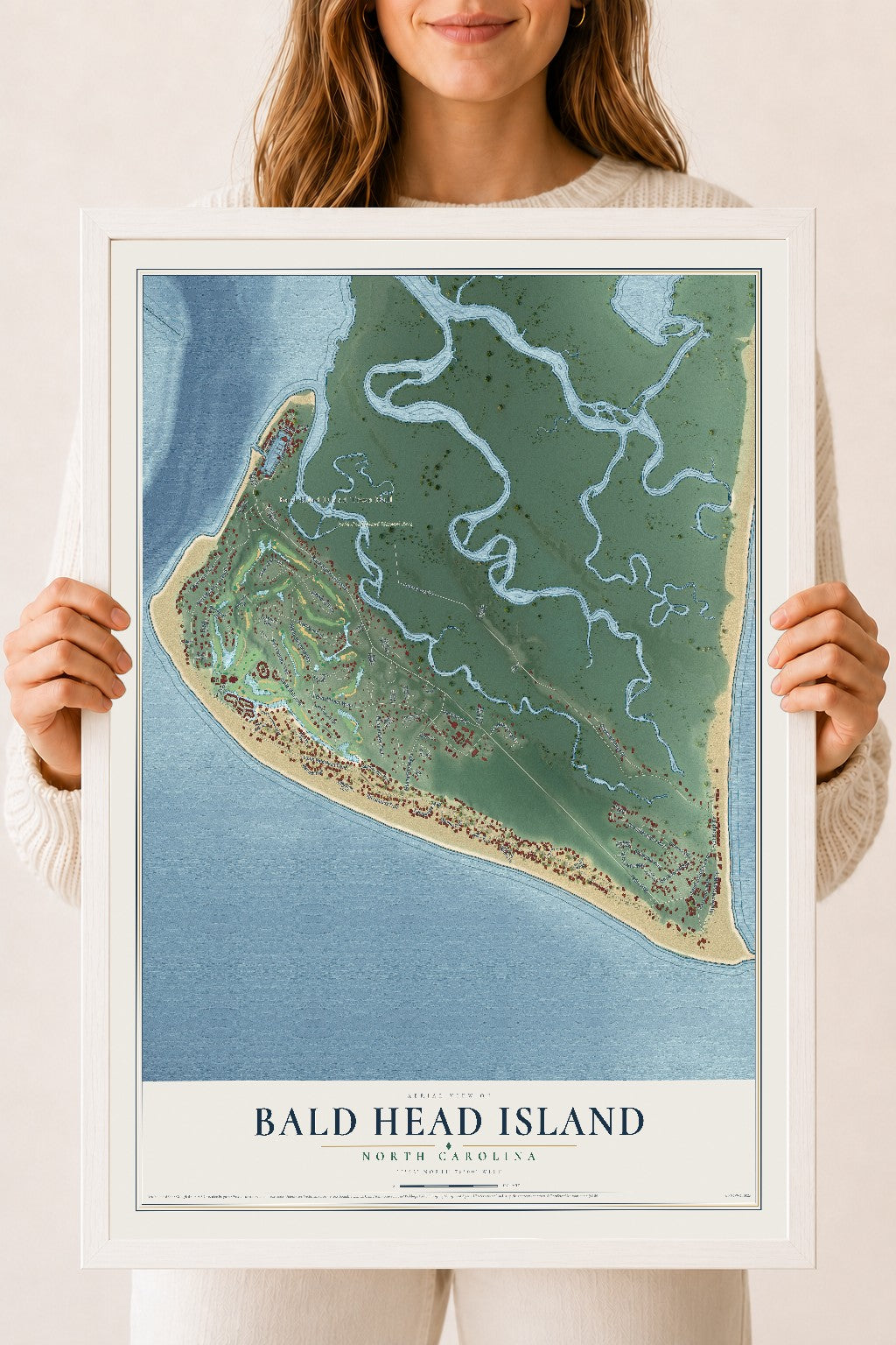 Map of Bald Head Island, North Carolina, 18 x 24 inch print in a white wood frame