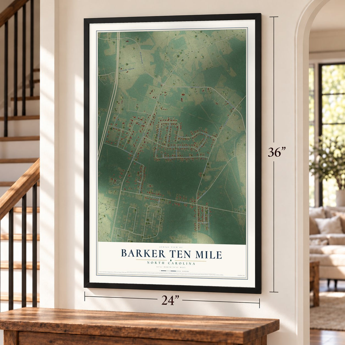 Barker Ten Mile, North Carolina map, 24 x 36 inch print in a black frame by a staircase