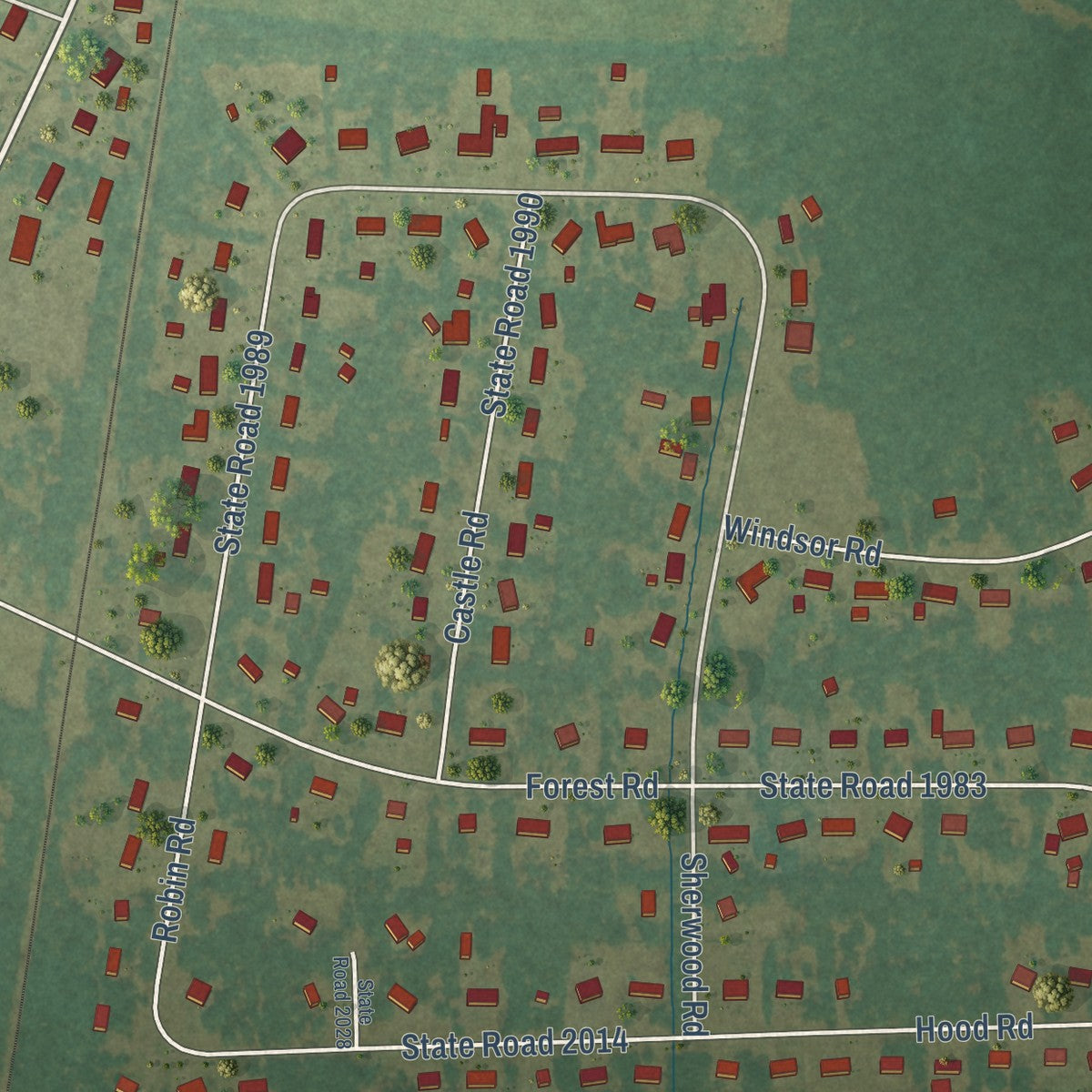 Close-up of the map of Barker Ten Mile, North Carolina print showing street and building detail