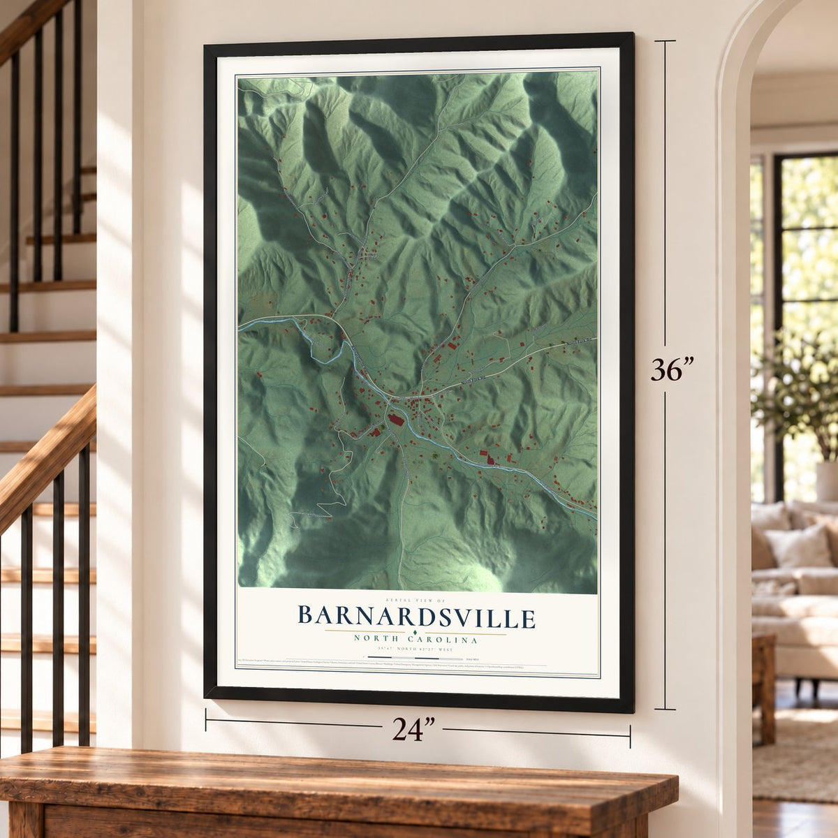 Barnardsville, North Carolina map, 24 x 36 inch print in a black frame by a staircase