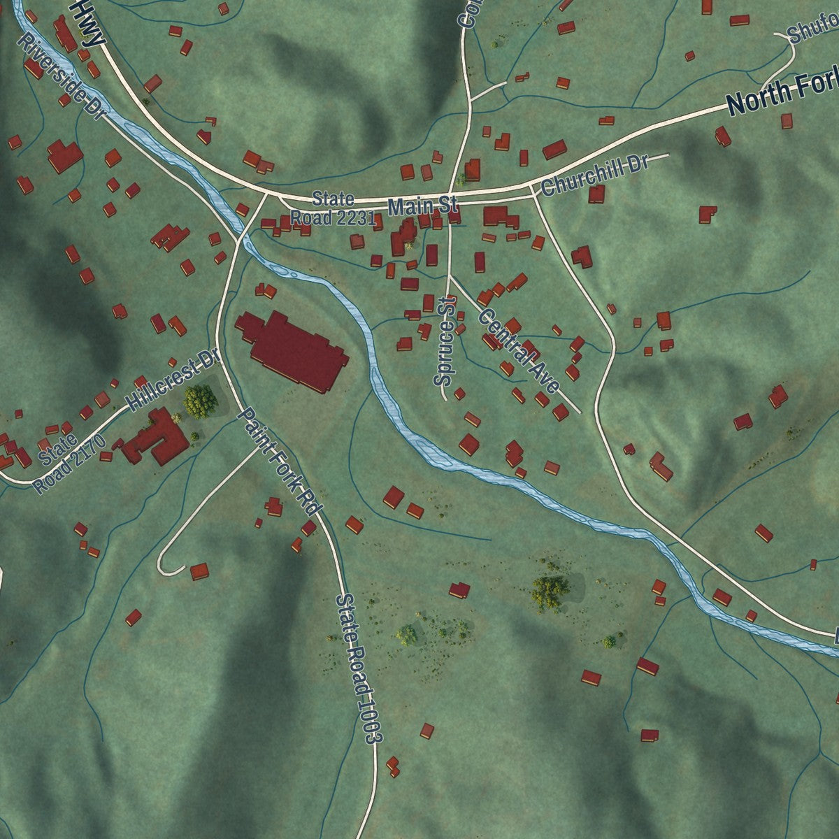 Close-up of the map of Barnardsville, North Carolina print showing street and building detail