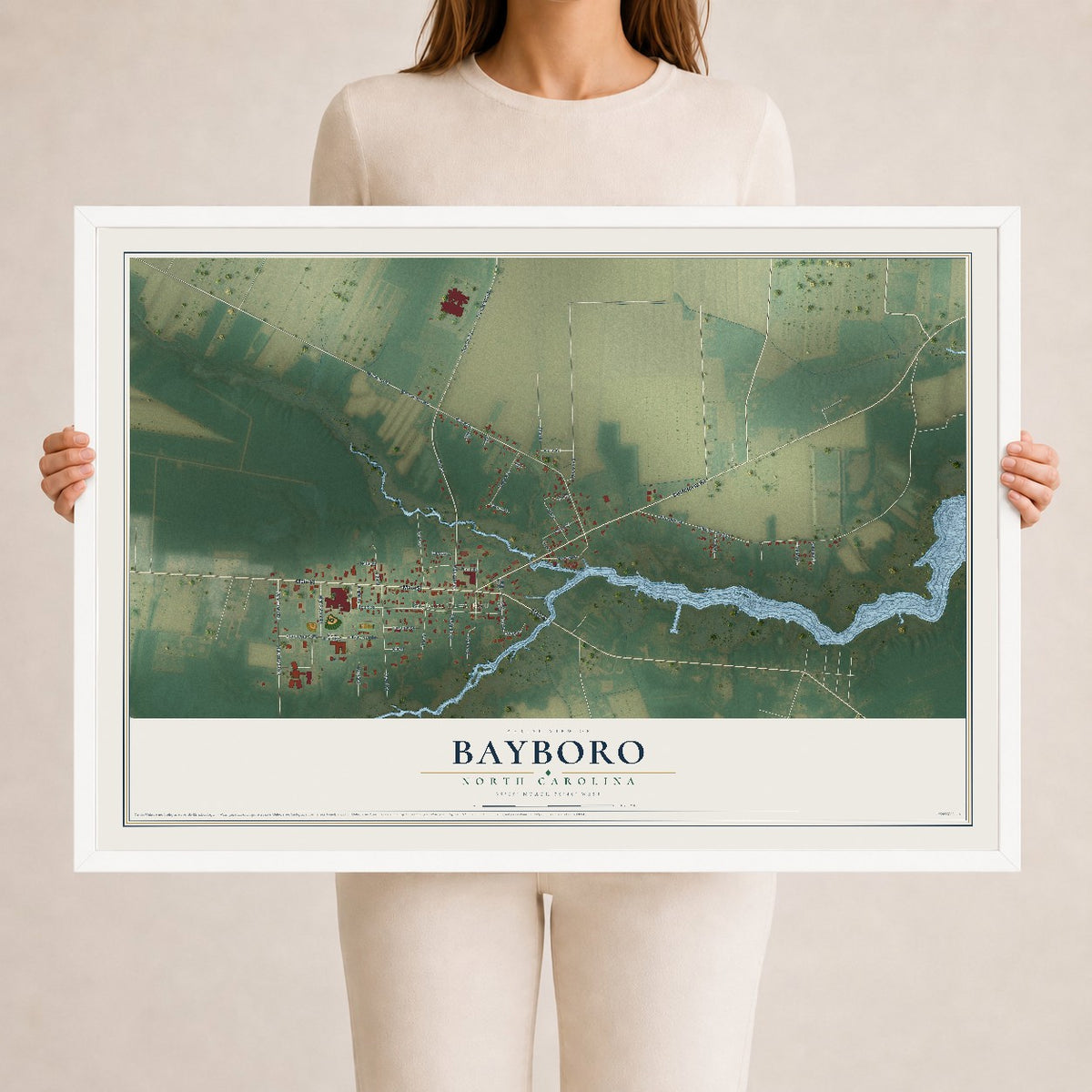 Map of Bayboro, North Carolina, 24 x 36 inch print in a white wood frame