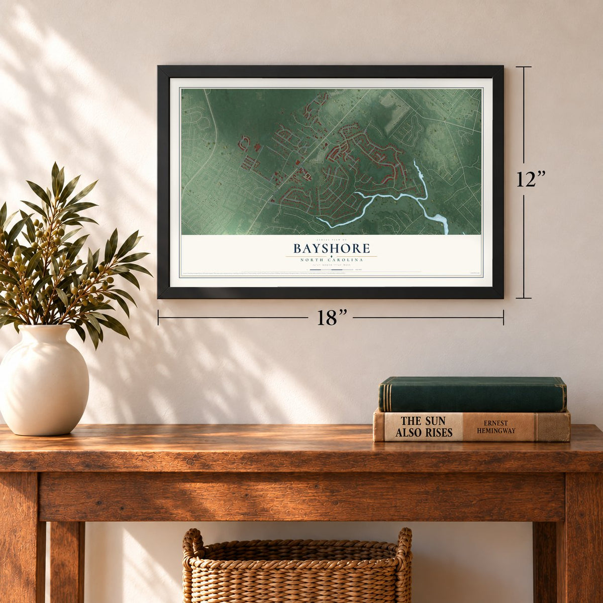 Bayshore, North Carolina map, 12 x 18 inch print in a black frame in an entryway