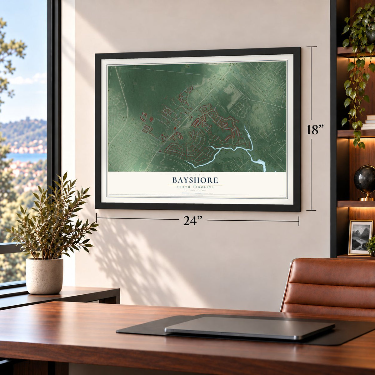 Bayshore, North Carolina map, 18 x 24 inch print in a black frame in a home office