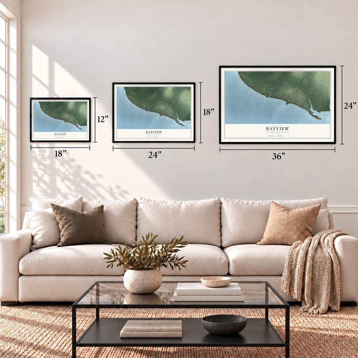 Bayview, North Carolina map in 12 x 18, 18 x 24 and 24 x 36 inch sizes above a sofa