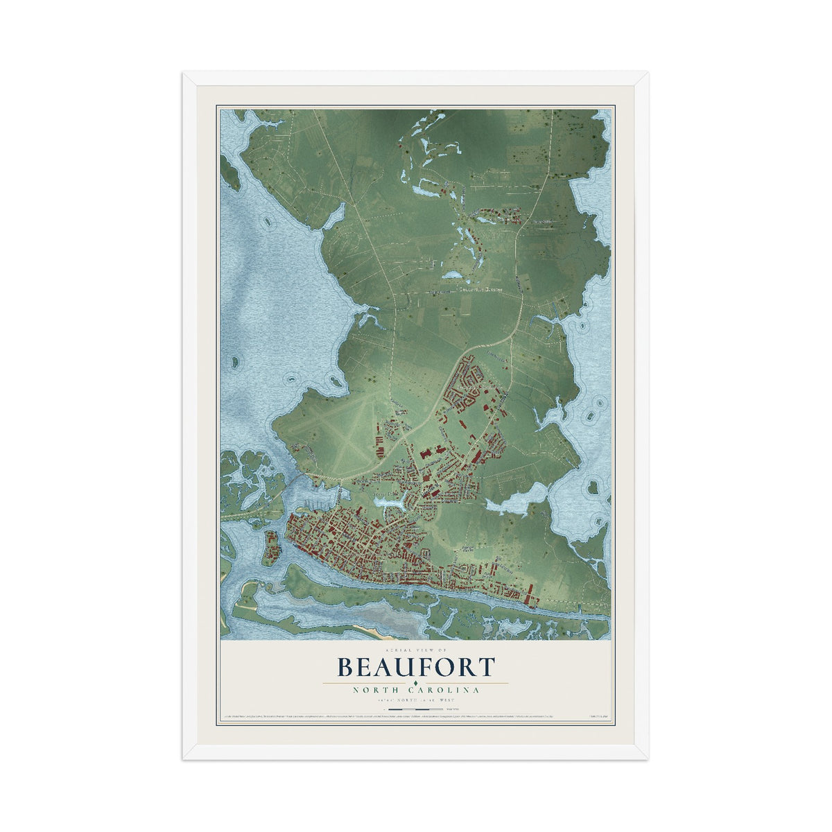 Map of Beaufort, North Carolina, 12 x 18 inch print in a white wood frame