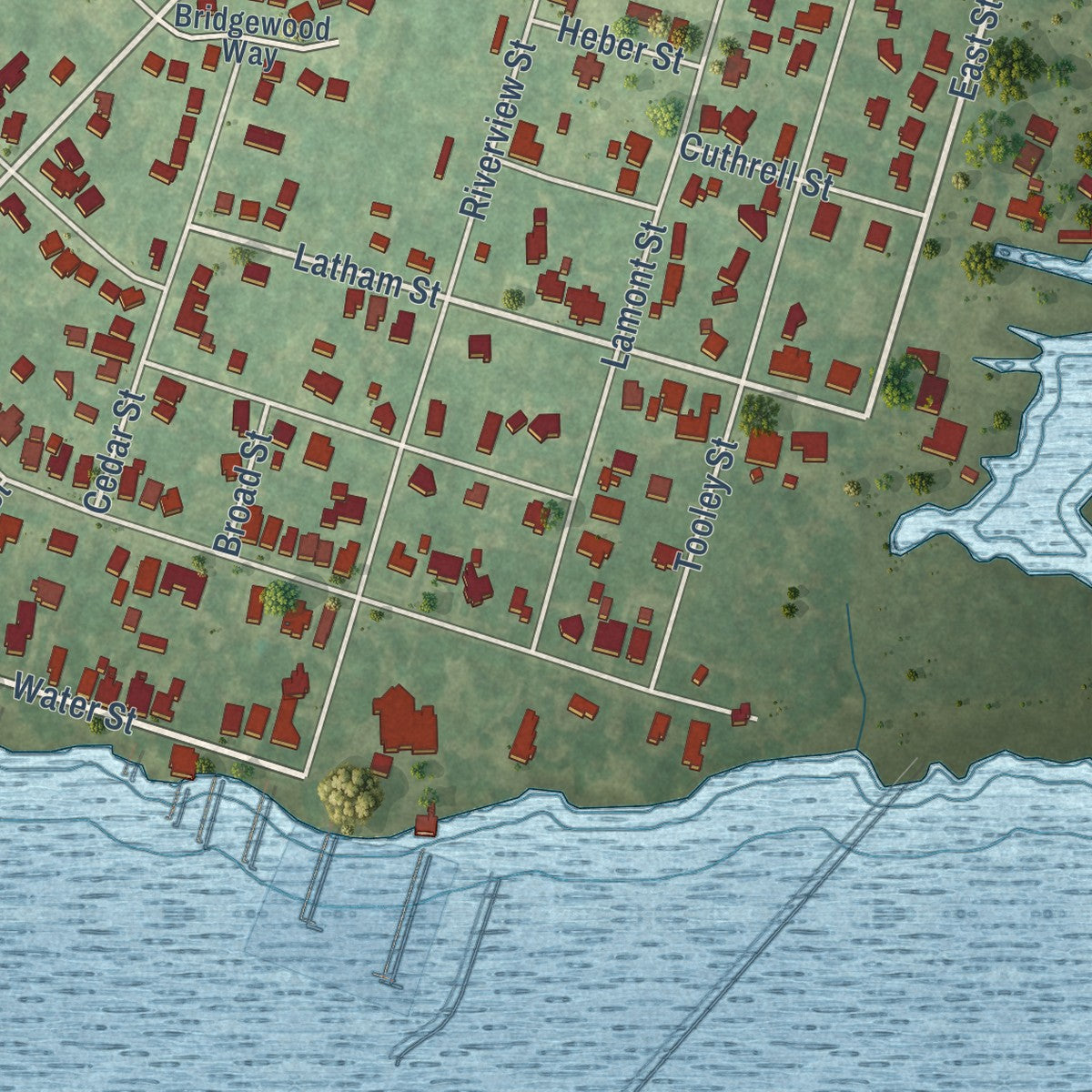 Close-up of the map of Belhaven, North Carolina print showing street and building detail